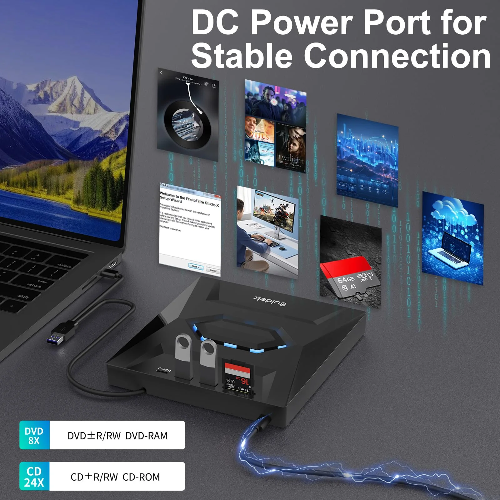 SUIDEK External CD DVD Drive for Laptop, USB C Portable CD/DVD +/-RW Burner DVD Player with SD Card Reader USB 3.0 Type C Hub Compatible with Laptop PC Windows Linux Space Black - Image 5