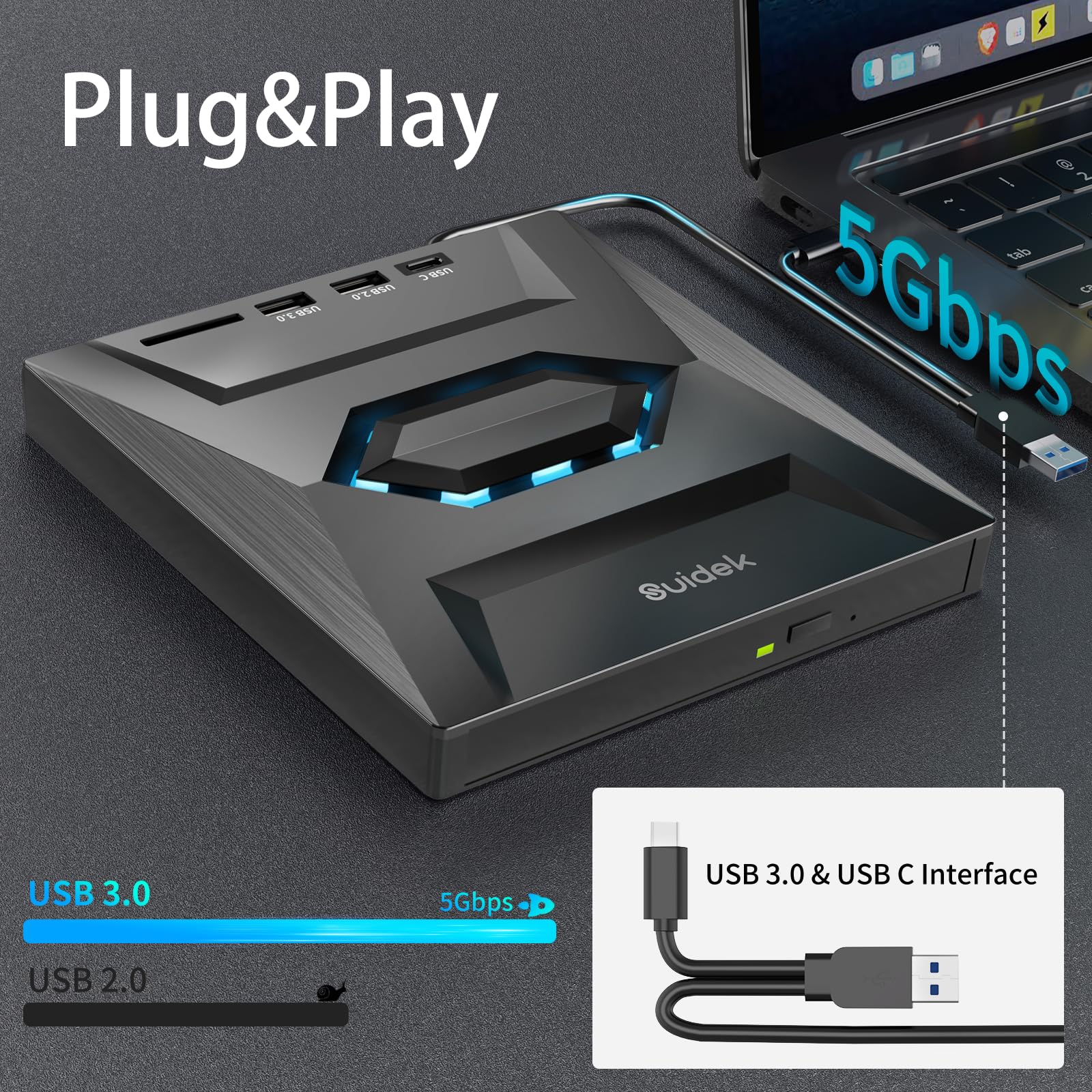 SUIDEK External CD DVD Drive for Laptop, USB C Portable CD/DVD +/-RW Burner DVD Player with SD Card Reader USB 3.0 Type C Hub Compatible with Laptop PC Windows Linux Space Black - Image 6