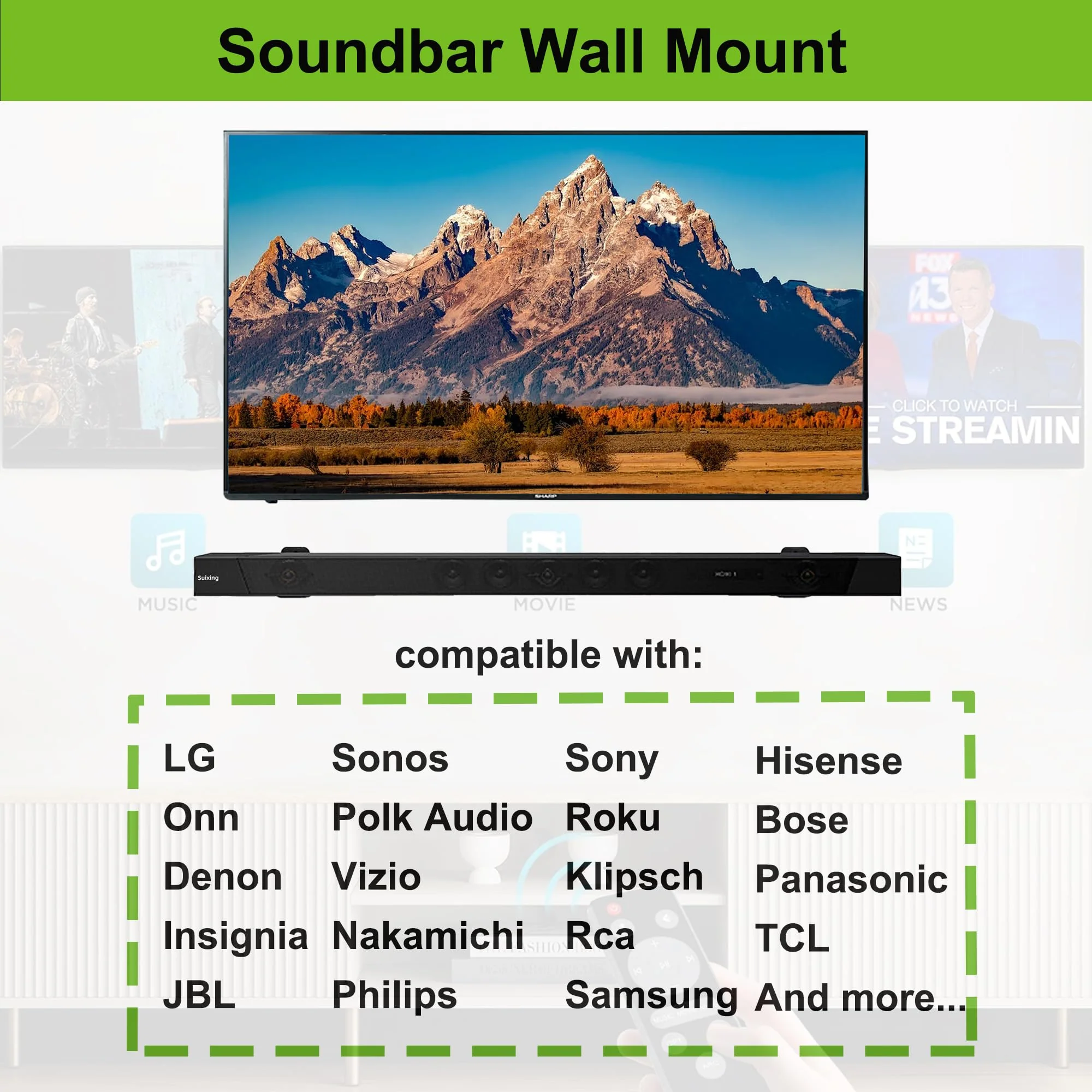 Suixing Adjustable Soundbar Mount, Universal Sound Bar Wall Brackets Works with Most Sound bar Mounts, Length Adjustable 3.4''-5.2'', Removable and Lockable Mounting Bracket(Square) Black_3.4"-5.2" Length Adjustable 3.4"-5.2" - Image 3