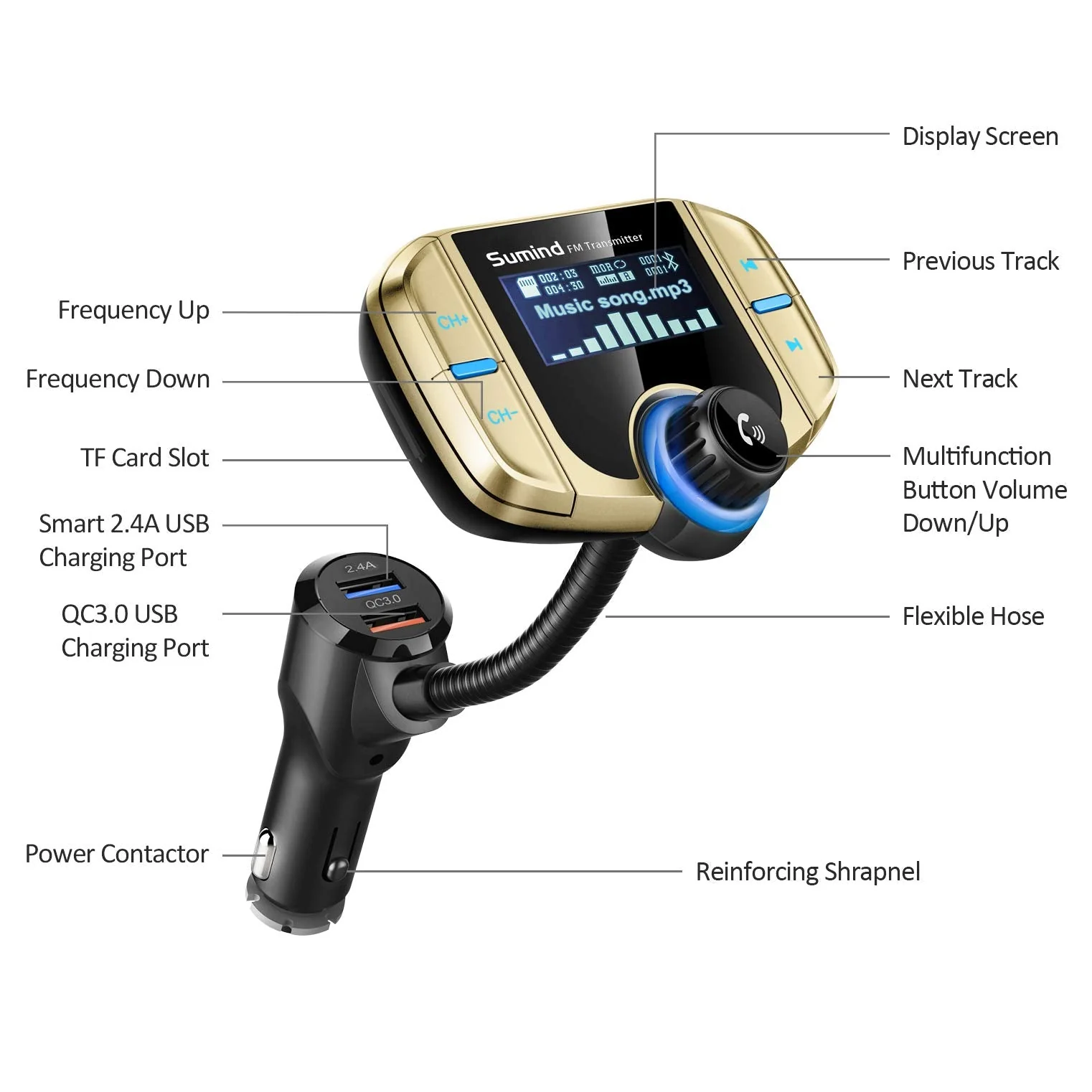 Sumind 2026 Upgraded Wireless Bluetooth Car Adapter FM Transmitter, 1.7'' LCD Display, Flexible Gooseneck, 20W QC3.0&Dual USB Ports, AUX Input/Output for Hands-Free Call, Micro/TF Card(Golden,Normal) Golden Normal - Image 2