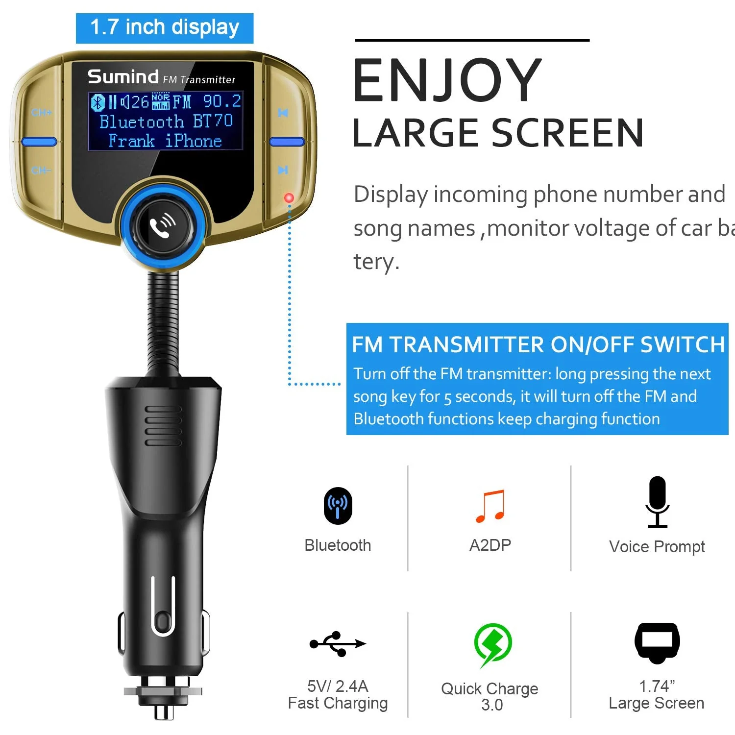 Sumind 2026 Upgraded Wireless Bluetooth Car Adapter FM Transmitter, 1.7'' LCD Display, Flexible Gooseneck, 20W QC3.0&Dual USB Ports, AUX Input/Output for Hands-Free Call, Micro/TF Card(Golden,Normal) Golden Normal - Image 3