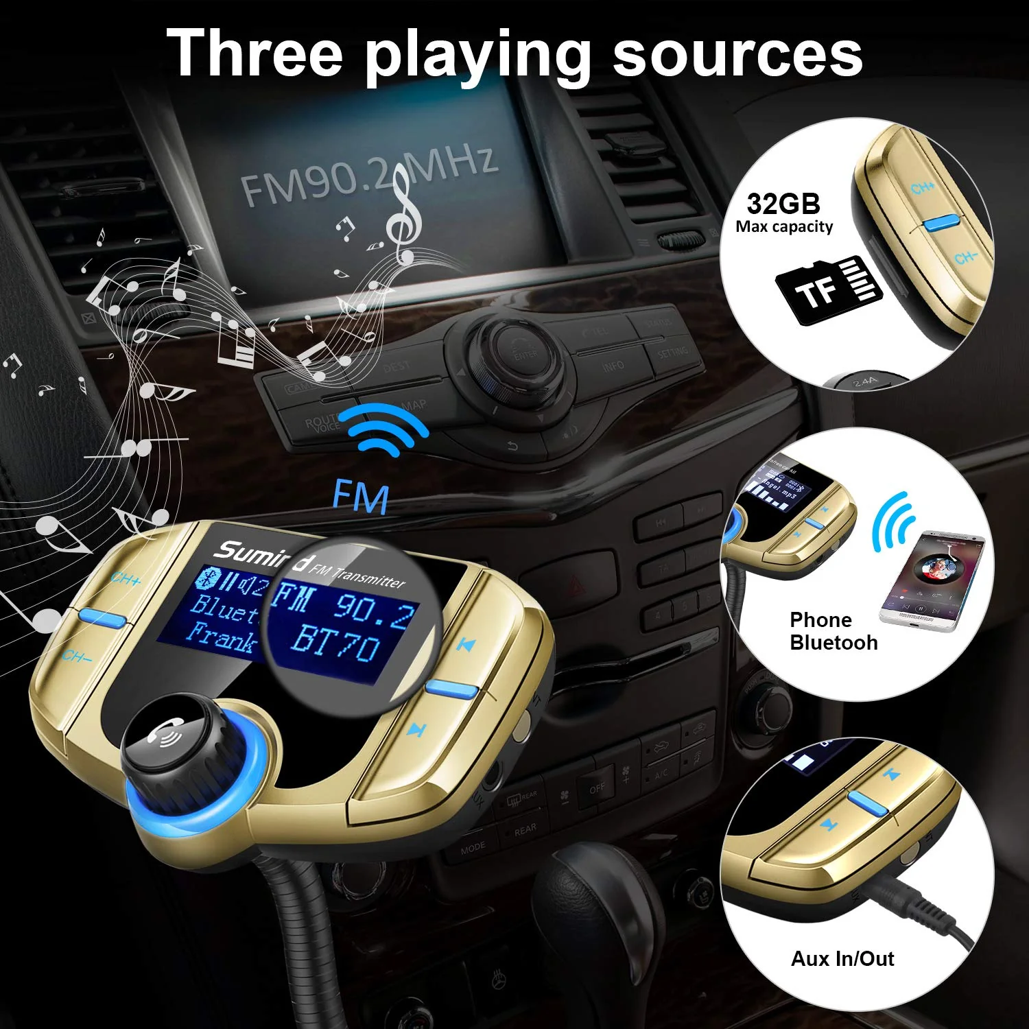 Sumind 2026 Upgraded Wireless Bluetooth Car Adapter FM Transmitter, 1.7'' LCD Display, Flexible Gooseneck, 20W QC3.0&Dual USB Ports, AUX Input/Output for Hands-Free Call, Micro/TF Card(Golden,Normal) Golden Normal - Image 4