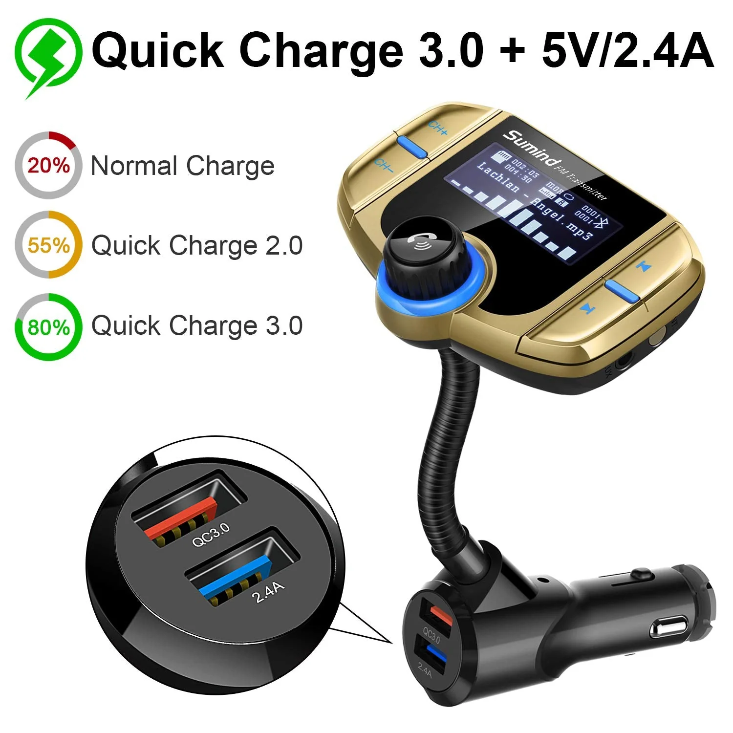 Sumind 2026 Upgraded Wireless Bluetooth Car Adapter FM Transmitter, 1.7'' LCD Display, Flexible Gooseneck, 20W QC3.0&Dual USB Ports, AUX Input/Output for Hands-Free Call, Micro/TF Card(Golden,Normal) Golden Normal - Image 5