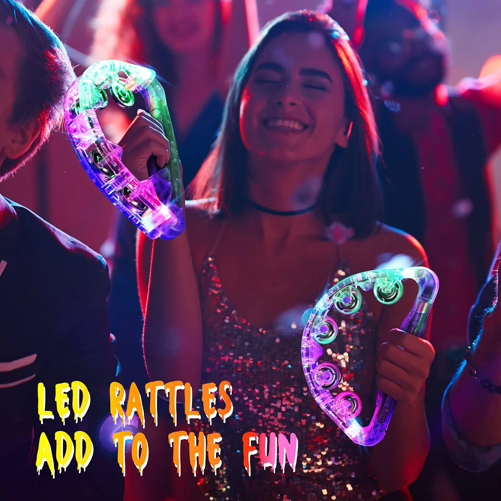 Sumind 6 Pieces Large LED Light up Tambourine 8.6 x 5.3 Inch Handheld Musical Flashing Tambourine Glow in The Dark Party Supplies for Adults Halloween Wedding Favors - Image 2