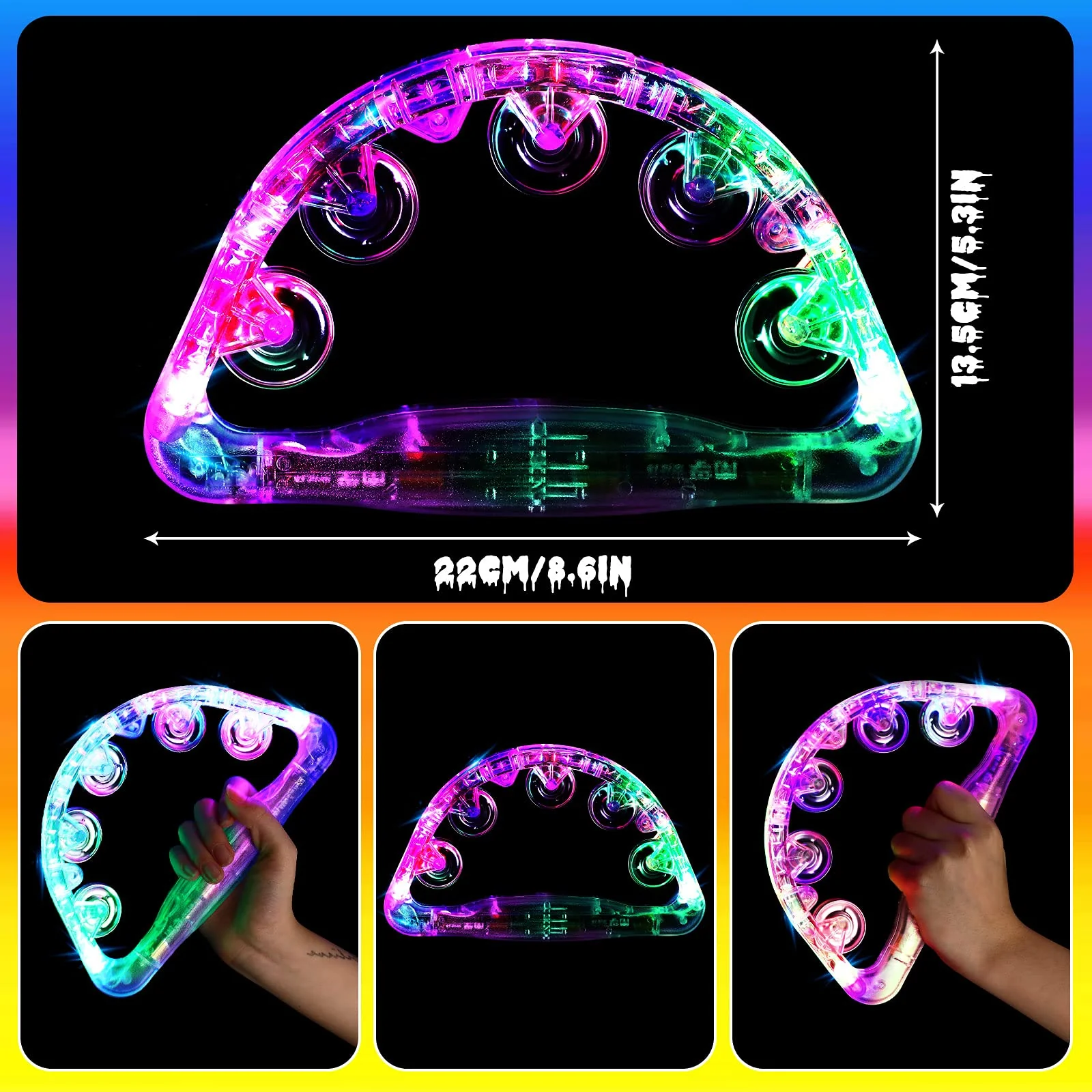 Sumind 6 Pieces Large LED Light up Tambourine 8.6 x 5.3 Inch Handheld Musical Flashing Tambourine Glow in The Dark Party Supplies for Adults Halloween Wedding Favors - Image 3
