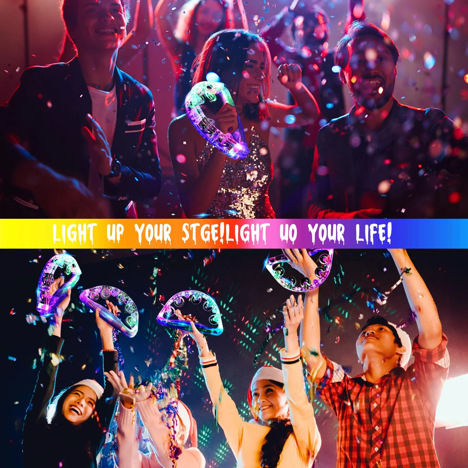 Sumind 6 Pieces Large LED Light up Tambourine 8.6 x 5.3 Inch Handheld Musical Flashing Tambourine Glow in The Dark Party Supplies for Adults Halloween Wedding Favors - Image 5