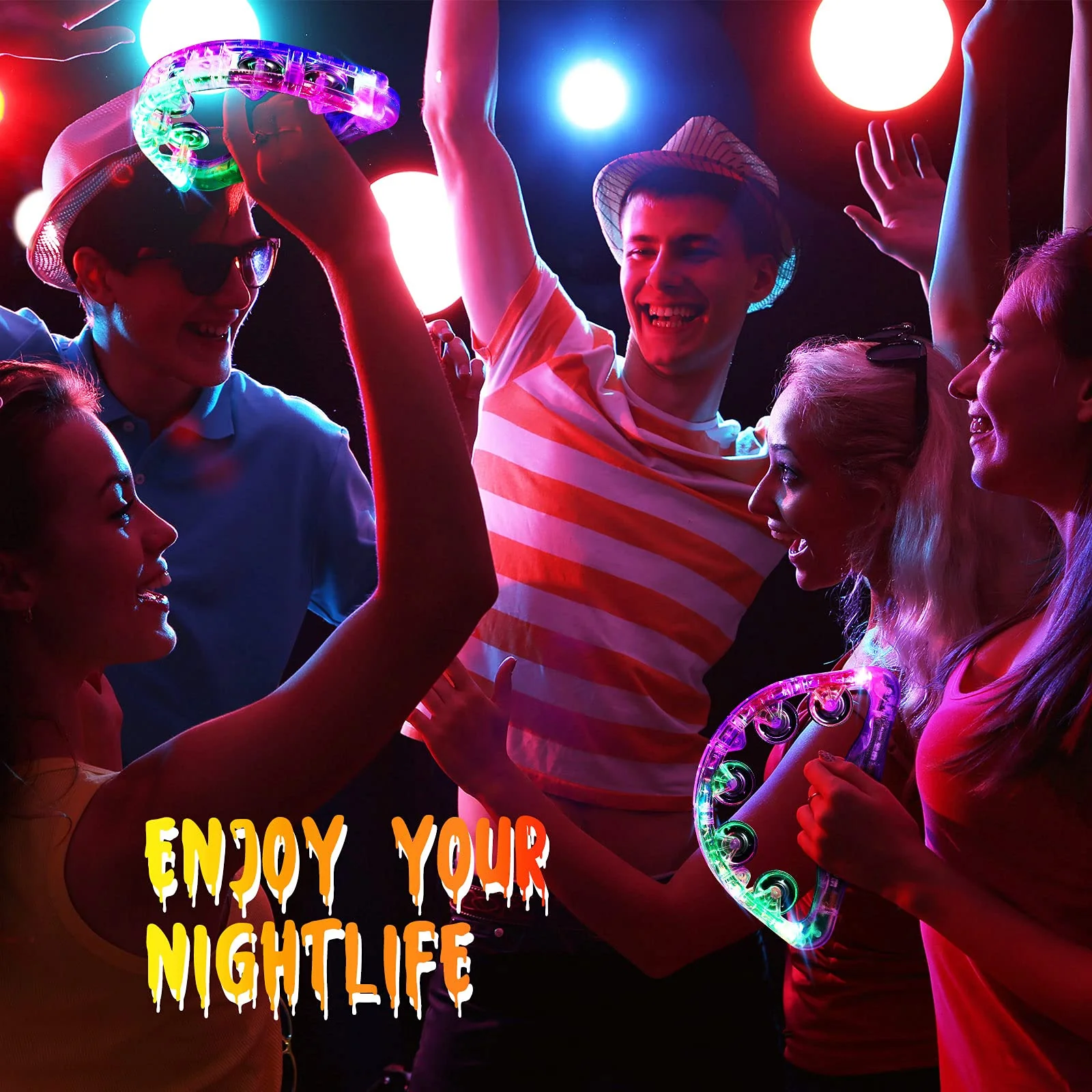 Sumind 6 Pieces Large LED Light up Tambourine 8.6 x 5.3 Inch Handheld Musical Flashing Tambourine Glow in The Dark Party Supplies for Adults Halloween Wedding Favors - Image 6