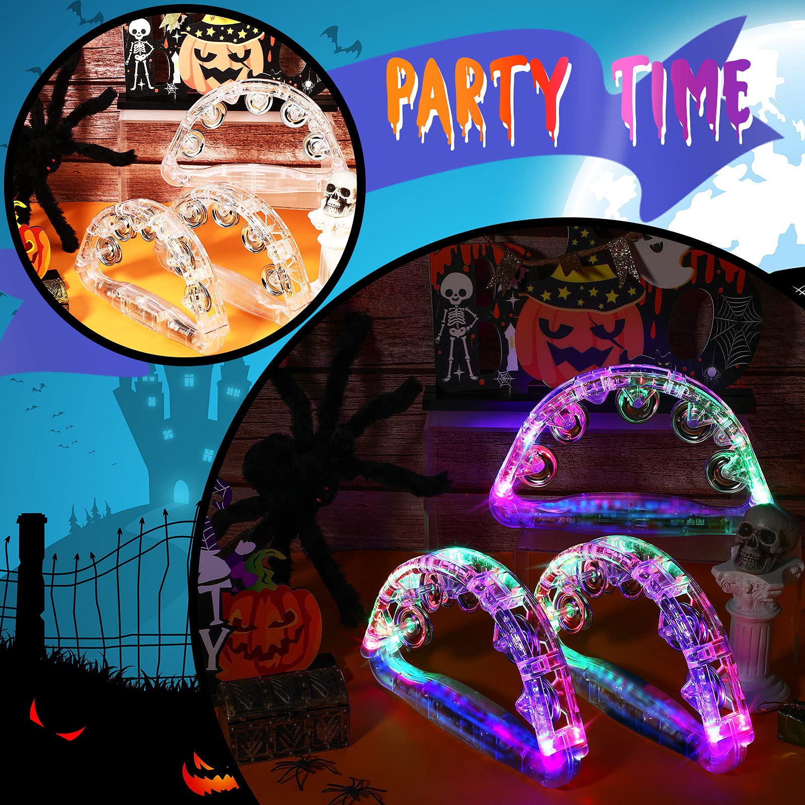 Sumind 6 Pieces Large LED Light up Tambourine 8.6 x 5.3 Inch Handheld Musical Flashing Tambourine Glow in The Dark Party Supplies for Adults Halloween Wedding Favors - Image 7