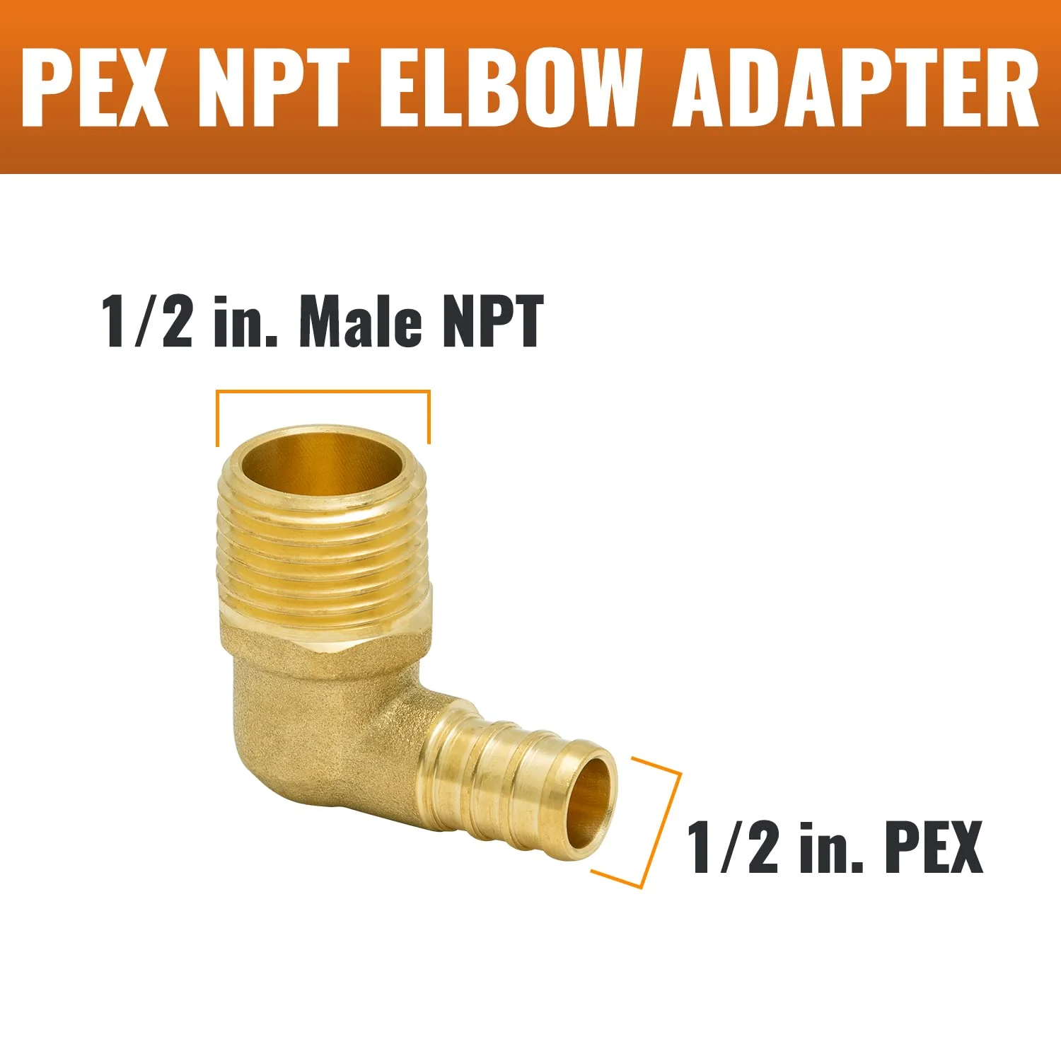 SUNGATOR 6-Pack PEX 1/2"x 1/2" NPT Elbow Male Threaded Adapter Crimp Fitting, No Lead Brass with Sealing Tape 1/2" Pex x 1/2" NPT Male Elbow, 6 - Image 2