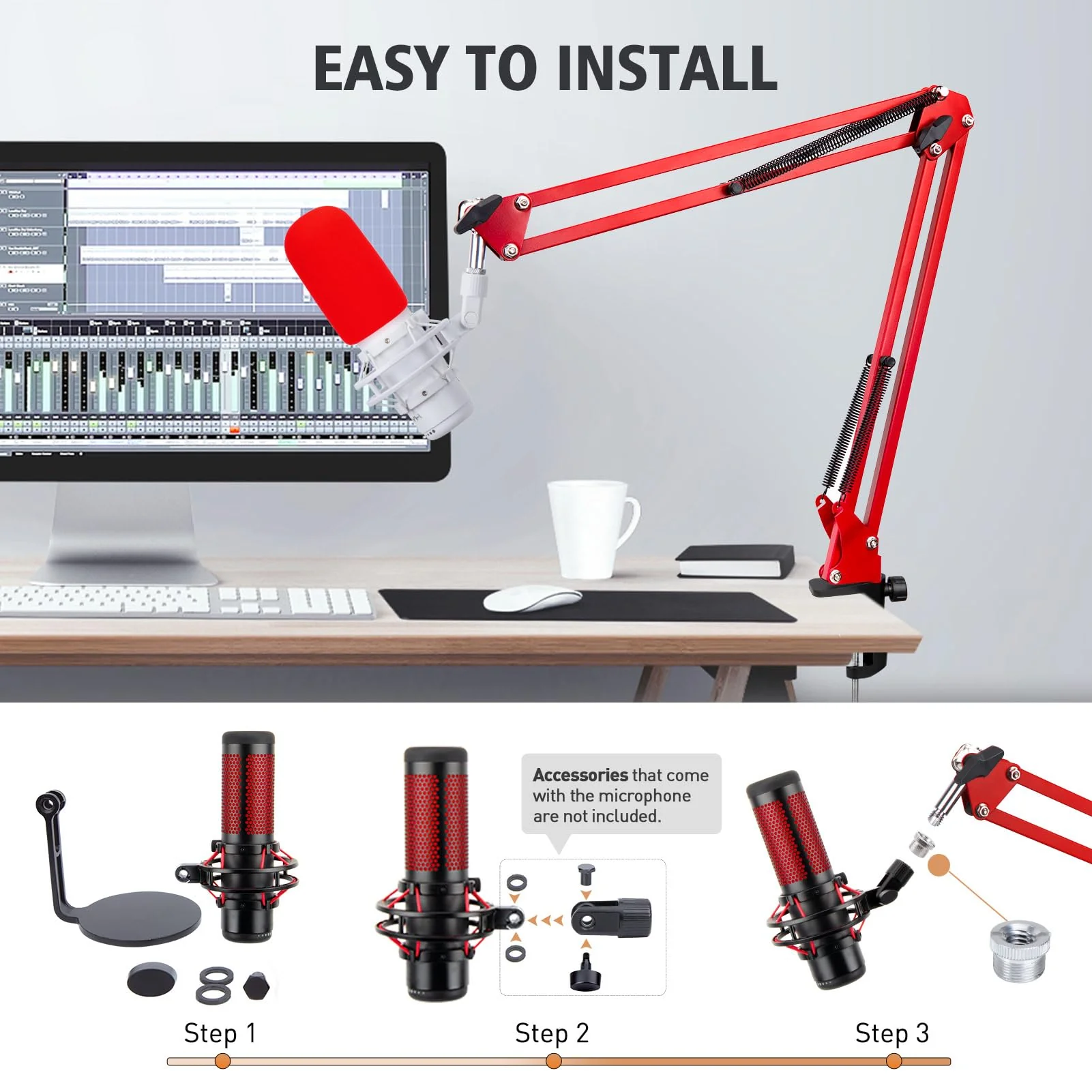 SUNMON HyperX QuadCast Boom Arm - Red Boom Arm for Hyper x QuadCast with Red QuadCast Pop Filter, Sound Insulation and Noise Reduction, HyperX QuadCast Microphone Arm with 3/8" to 5/8" Adapter - Image 4