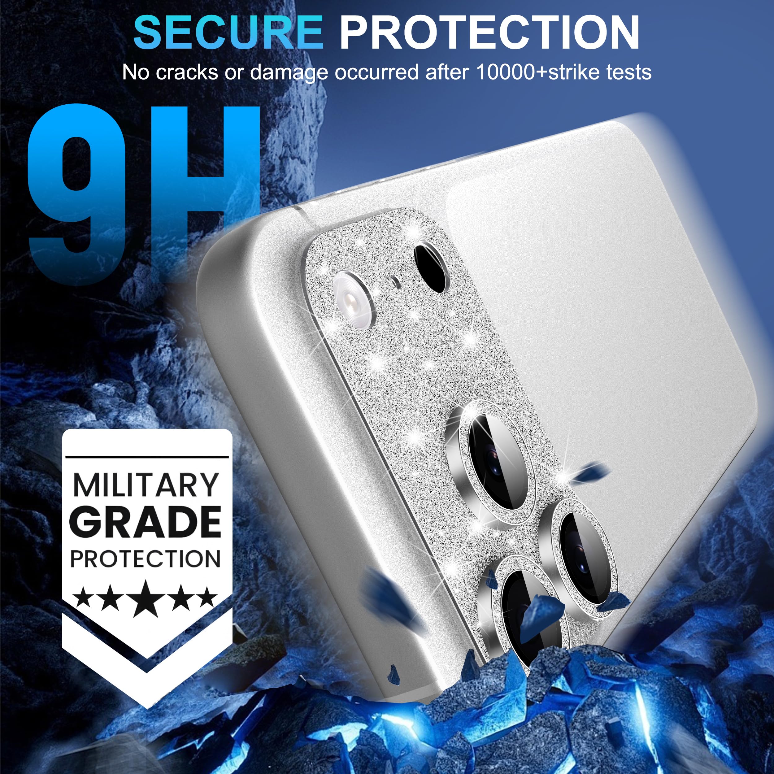 Suoman for iPhone 17 Pro Camera Lens Protector, [All-in-one] [Strong-Adhesion] Bling Glitter Independent Metal Frame Tempered Glass Camera Lens Cover -Silver Sliver - Image 3