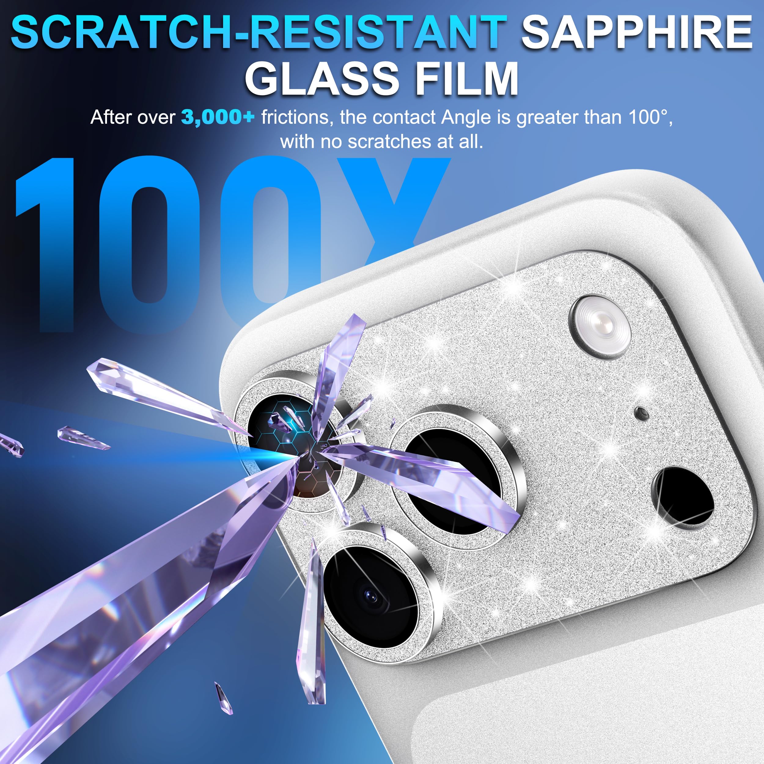 Suoman for iPhone 17 Pro Camera Lens Protector, [All-in-one] [Strong-Adhesion] Bling Glitter Independent Metal Frame Tempered Glass Camera Lens Cover -Silver Sliver - Image 4