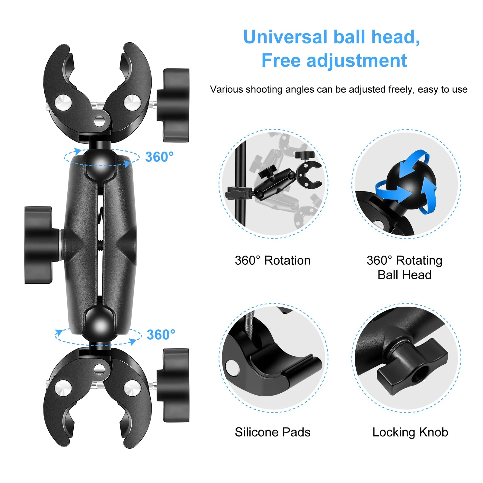 Super Clamp Dualheads Crab Clamp, Action Camera Mount Crab Plier Clip Bracket Magic Arm 360 Rotation Double Ball Head Umbrella Mount for Motorcycle/Cross Bars/Photography Light Stand/Photo Boom Stand - Image 4