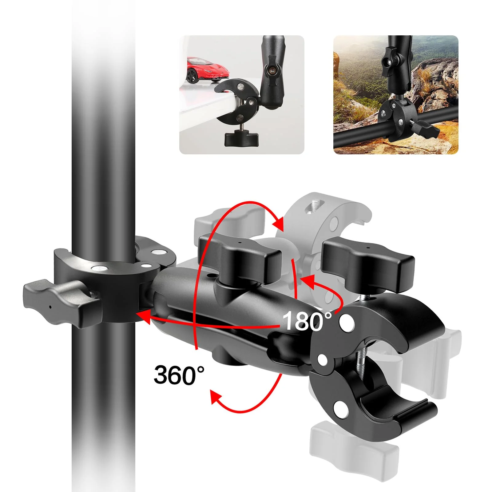 Super Clamp Dualheads Crab Clamp, Action Camera Mount Crab Plier Clip Bracket Magic Arm 360 Rotation Double Ball Head Umbrella Mount for Motorcycle/Cross Bars/Photography Light Stand/Photo Boom Stand - Image 5