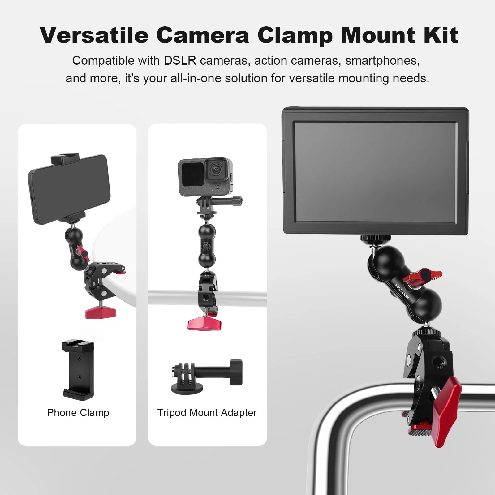 Super Clamp with Dual Ballhead Magic Arm, Aluminum Camera Clamp Mount Kit for DSLR Action Camera/Phone/Monitor/Video Light/Microphone, Camera Mount for Tripod/Desk/Tube (SY006) - Image 2