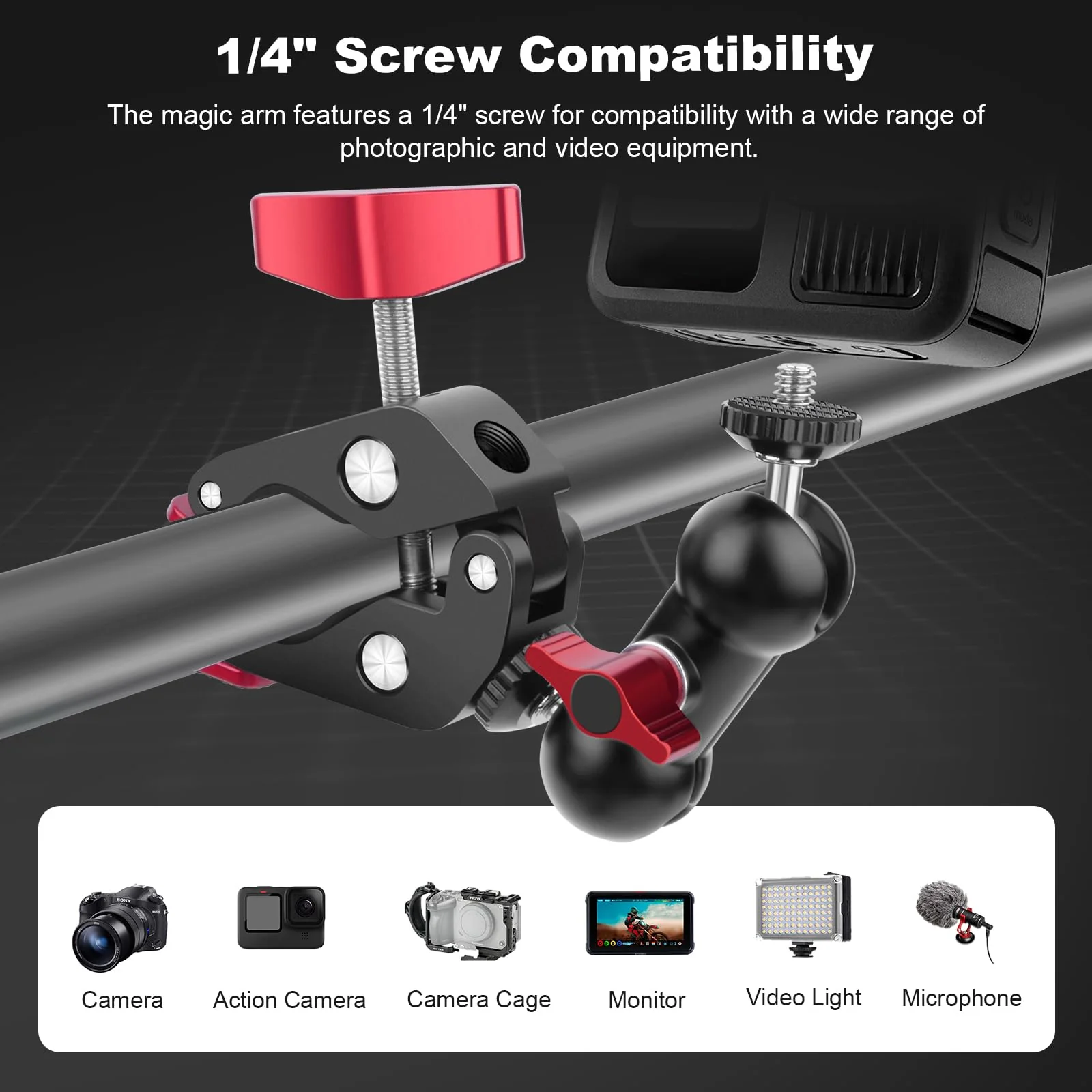 Super Clamp with Dual Ballhead Magic Arm, Aluminum Camera Clamp Mount Kit for DSLR Action Camera/Phone/Monitor/Video Light/Microphone, Camera Mount for Tripod/Desk/Tube (SY006) - Image 3