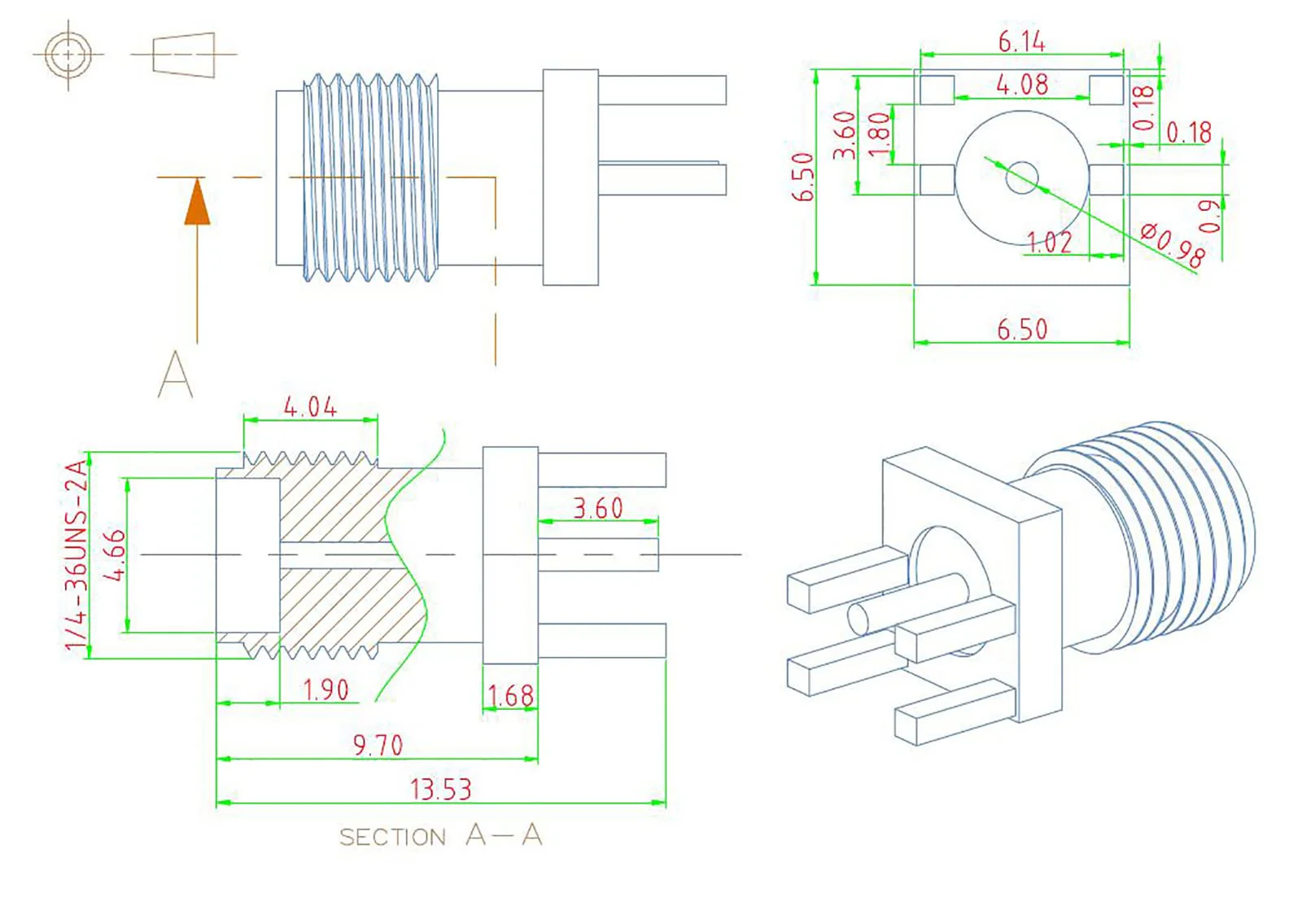 Superbat SMA Female Adapter Edge PCB Mounting | Vertical Through Adapter | 0.051 Inch End Launch Solder Connection | 50 Ohm Gold | Pack of 10 .051" Straight Connector - Image 3
