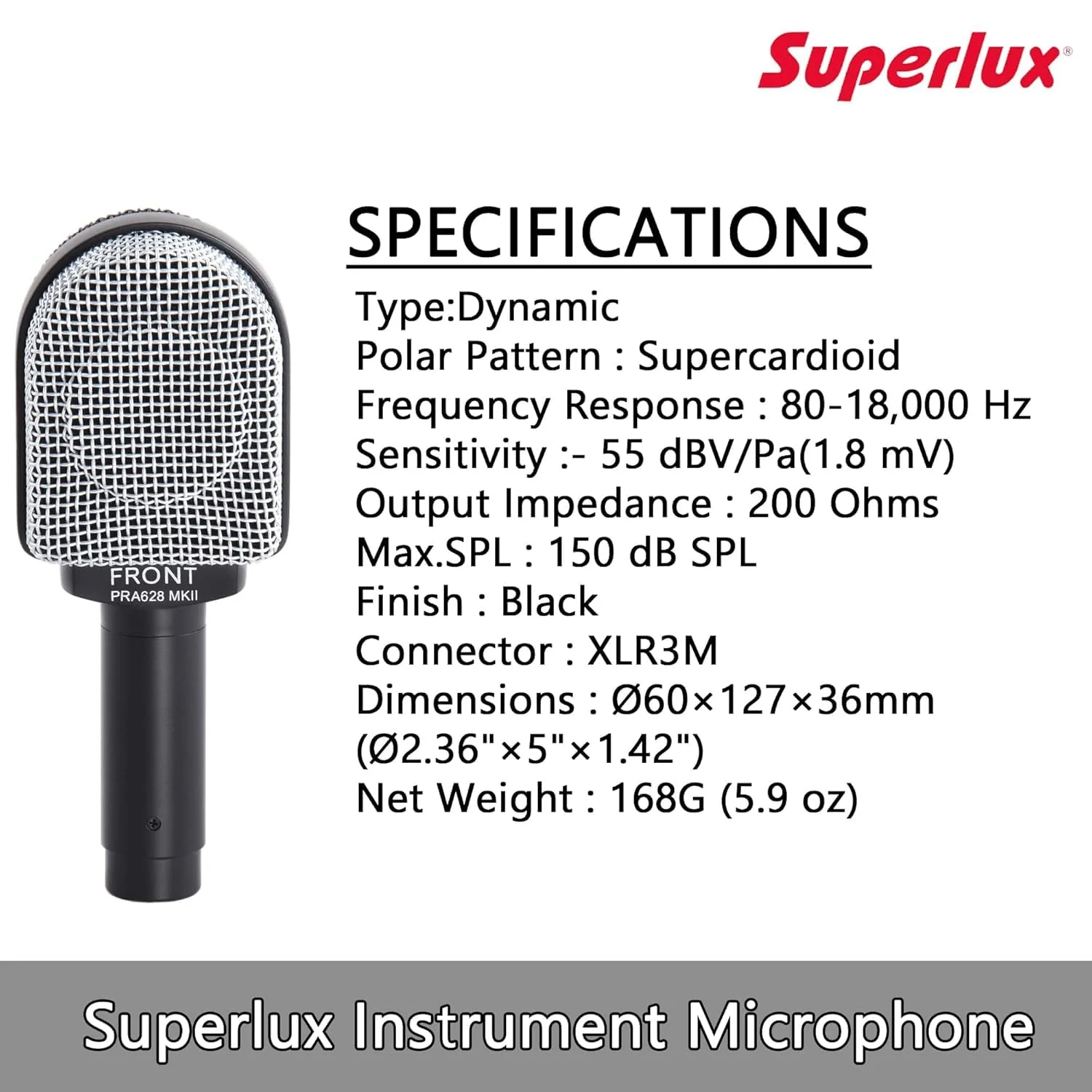 Superlux PRA628MKII Professional Dynamic Instrument Microphone, Wired Super-Cardioid Mic for Guitar/Bass Amps & Live Sound. Recording for Studio and Live Performance, Road-Ready with Clamp & Bag - Image 5