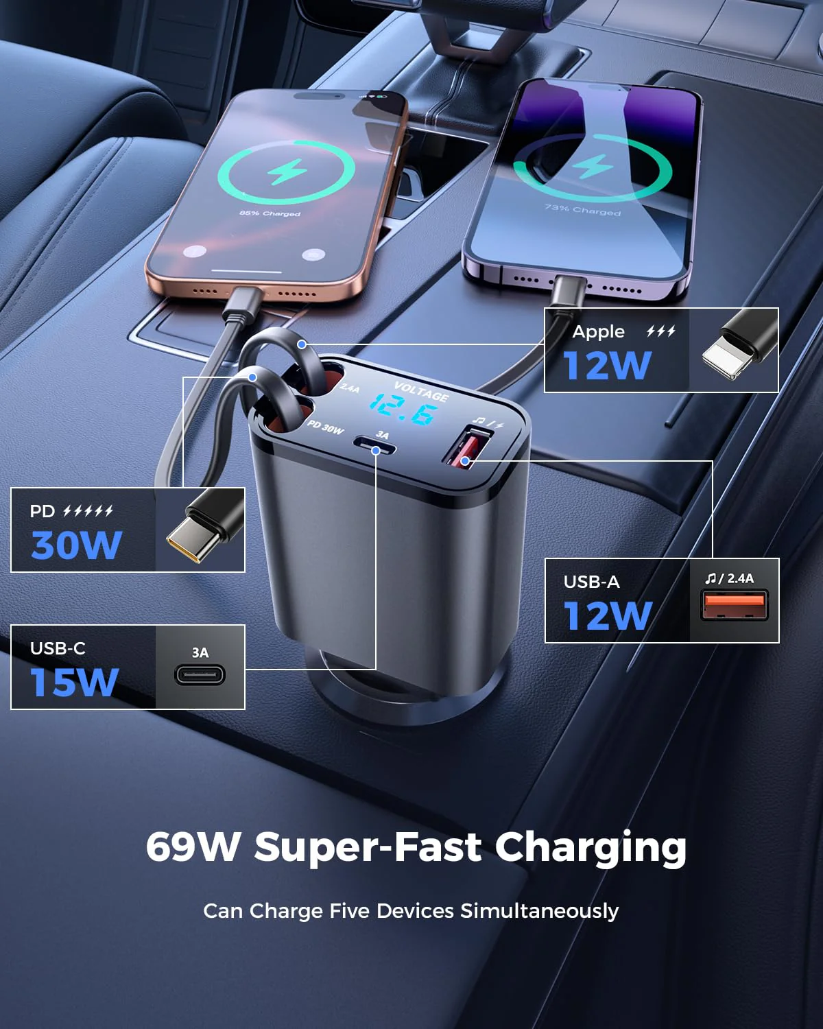 SUPERONE 69W Retractable Car Charger with Dual Cables, Compact Bluetooth 5.3 Car Adapter, FM Transmitter Radio Receiver for Hands-Free Calls & MP3 Music, USB C Fast Charging for iPhone Android - Image 4