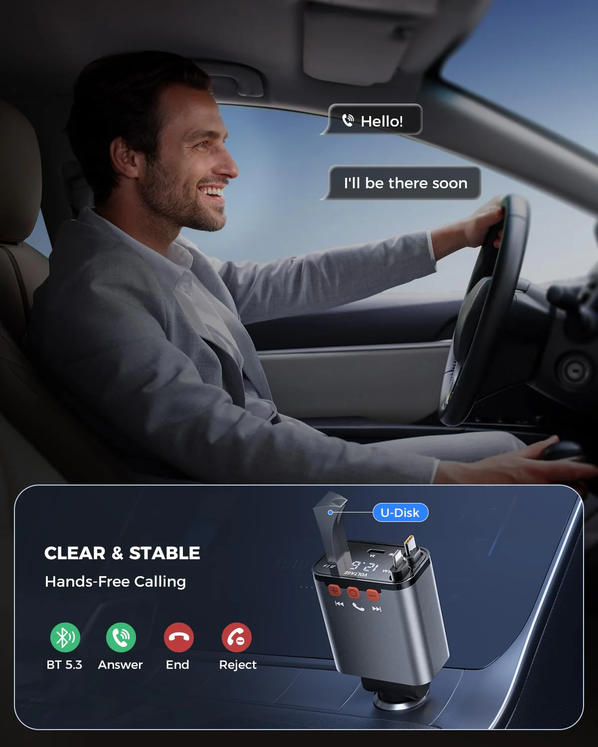 SUPERONE 69W Retractable Car Charger with Dual Cables, Compact Bluetooth 5.3 Car Adapter, FM Transmitter Radio Receiver for Hands-Free Calls & MP3 Music, USB C Fast Charging for iPhone Android - Image 6