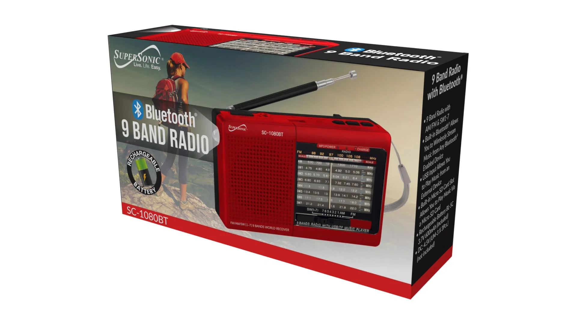 Supersonic SC-1080BT 9-Band Radio with Bluetooth, Portable Small Multi Band Radio Stereo, USB and Micro SD Input, Torch Light, and Rechargeable Battery red - Image 2