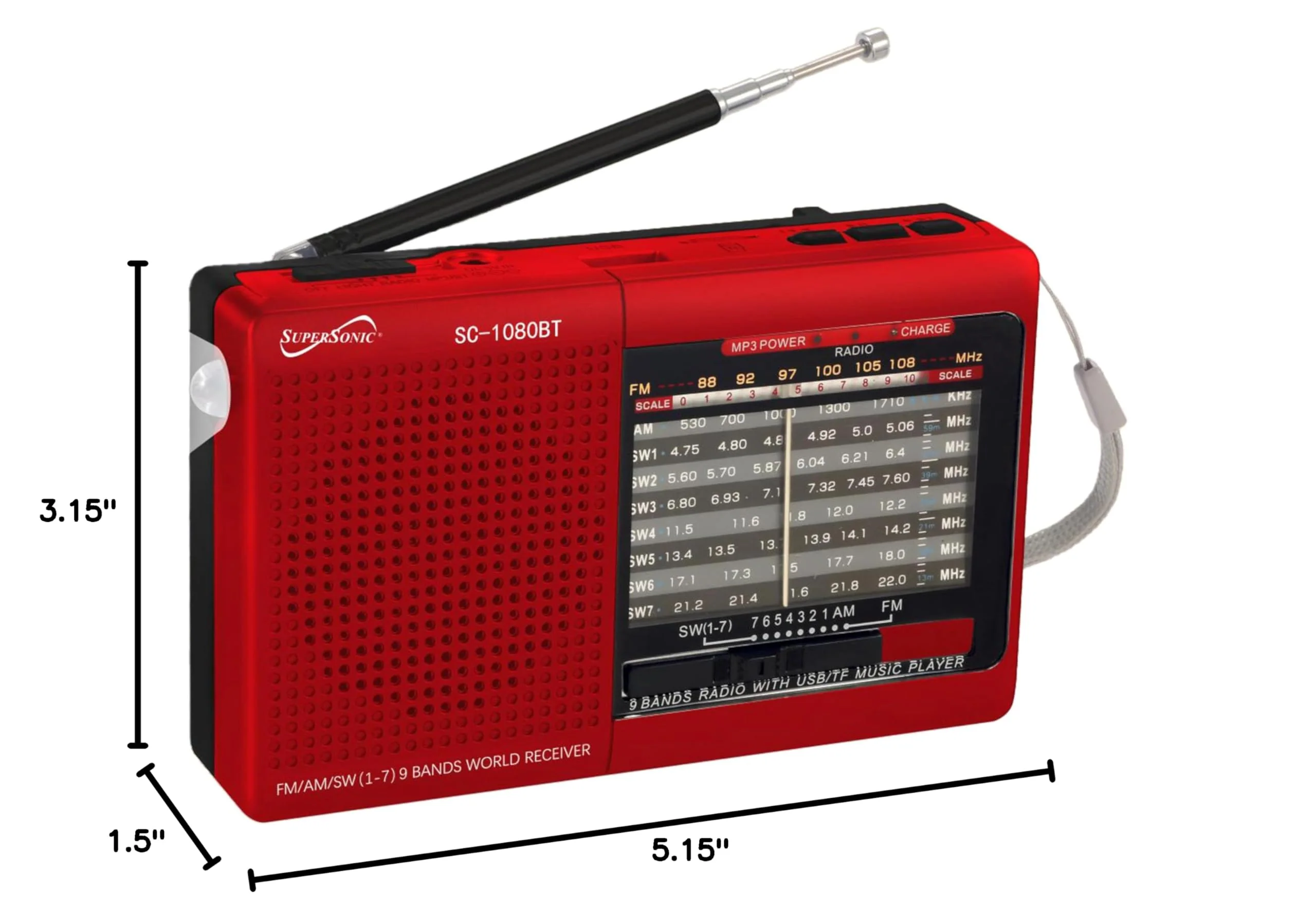 Supersonic SC-1080BT 9-Band Radio with Bluetooth, Portable Small Multi Band Radio Stereo, USB and Micro SD Input, Torch Light, and Rechargeable Battery red - Image 3