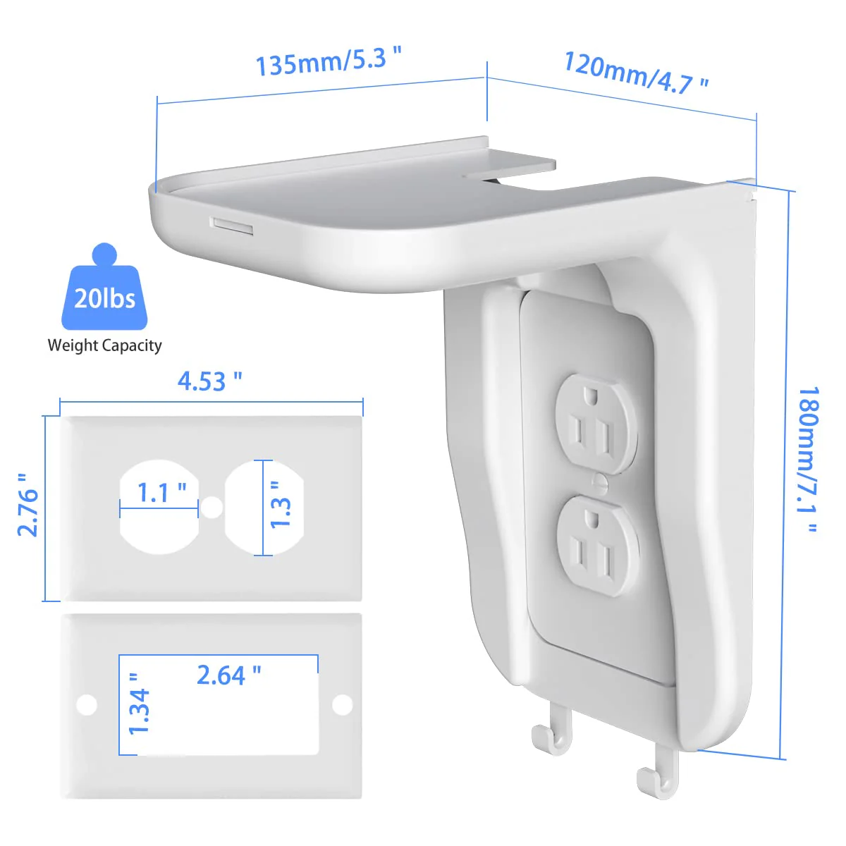 Suptek Wall Outlet Shelf, Home Wall Shelf Organizer for Outlets, Perfect for Bathroom, Kitchen, Bedrooms,Ideal for Cell Phone,Speaker up to 20lbs,With Cable Management and Detachable Hooks,White(S3W) 1 Pack - Image 3
