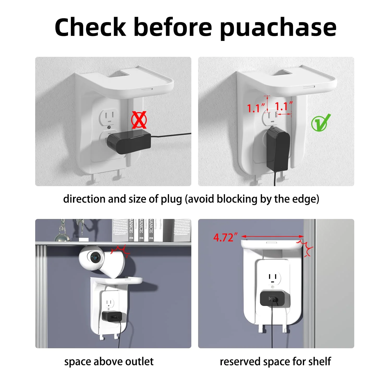 Suptek Wall Outlet Shelf, Home Wall Shelf Organizer for Outlets, Perfect for Bathroom, Kitchen, Bedrooms,Ideal for Cell Phone,Speaker up to 20lbs,With Cable Management and Detachable Hooks,White(S3W) 1 Pack - Image 4