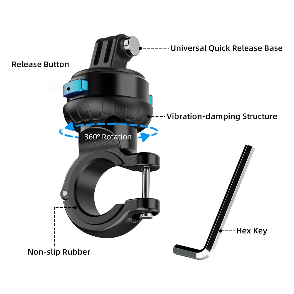 SUREWO Magnetic Quick Release Handlebar Bike Pole Mount, Motorcycle Handlebar Clamp Mount with Shock-Absorbing Base Compatible with Go Pro Hero 13/12/11/10/9/8/7 Black,DJI Osmo Action 5 pro/4/3 Plastic - Image 3