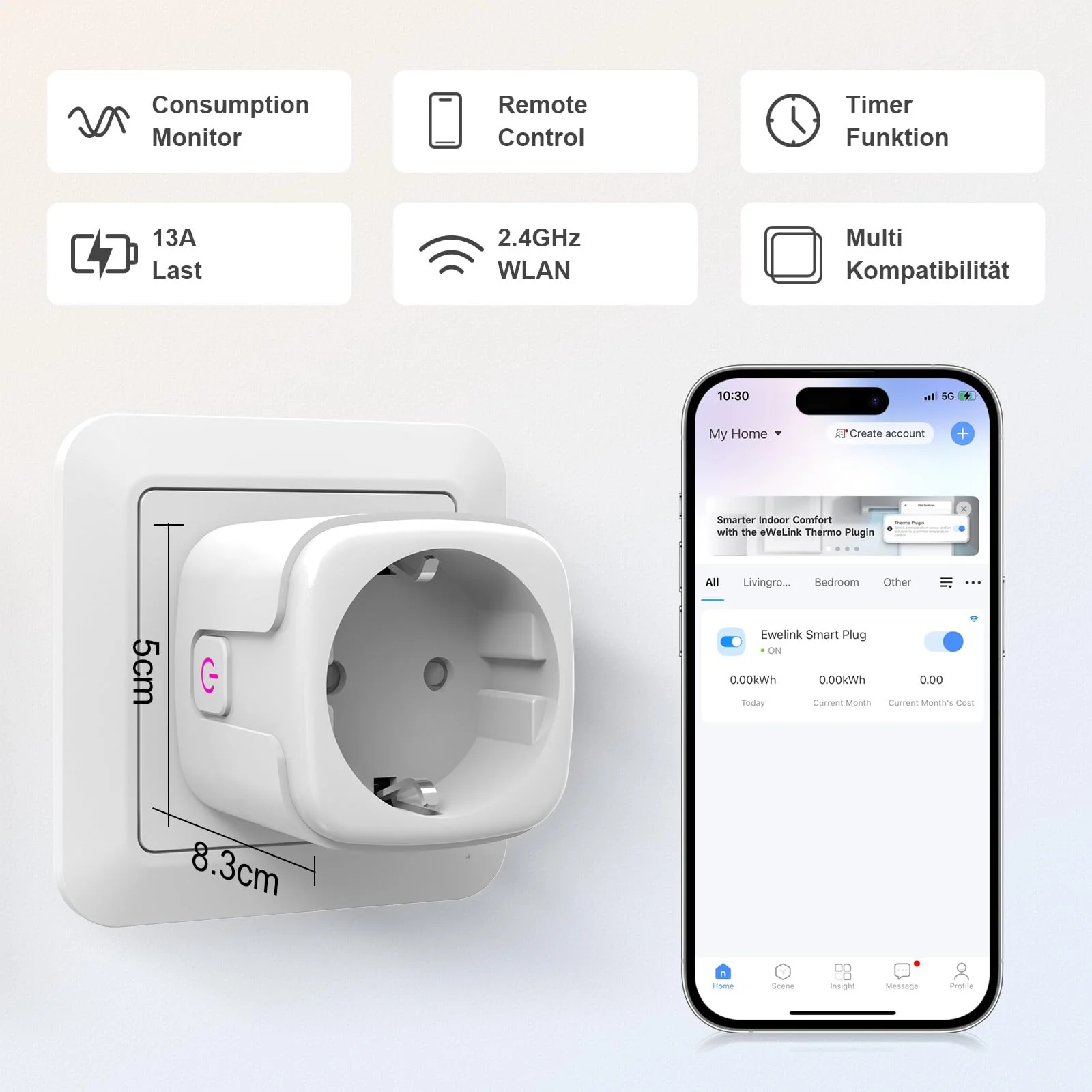 SURFOU WLAN Socket with Timer & Current Meter, Smart Plug 16A with App Control, Voice Control, Timer, for Alexa & Google Home, 2.4GHz WiFi, Remote Access, No Hub Required gray - Image 2