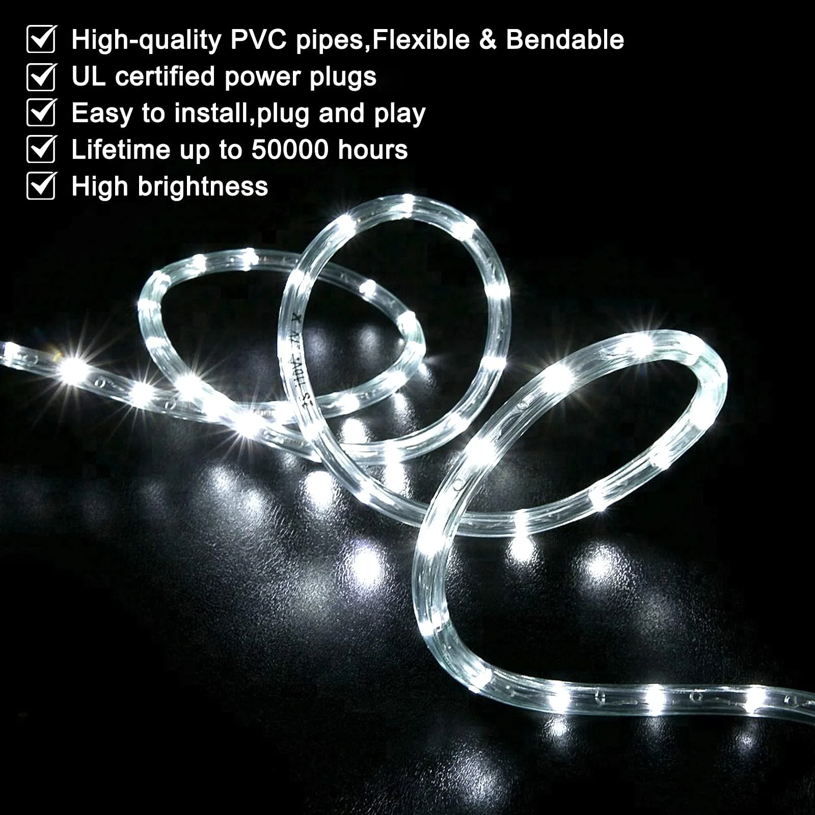 SURNIE Rope Lights Outdoor Waterproof Daylight White: LED 10FT Cuttable Outside Bright 110V Lighting 6000K Flexible Cool Clear Tube, Indoor Deck Patio Xmas Camping Decor, Not Flat Strip - Image 3