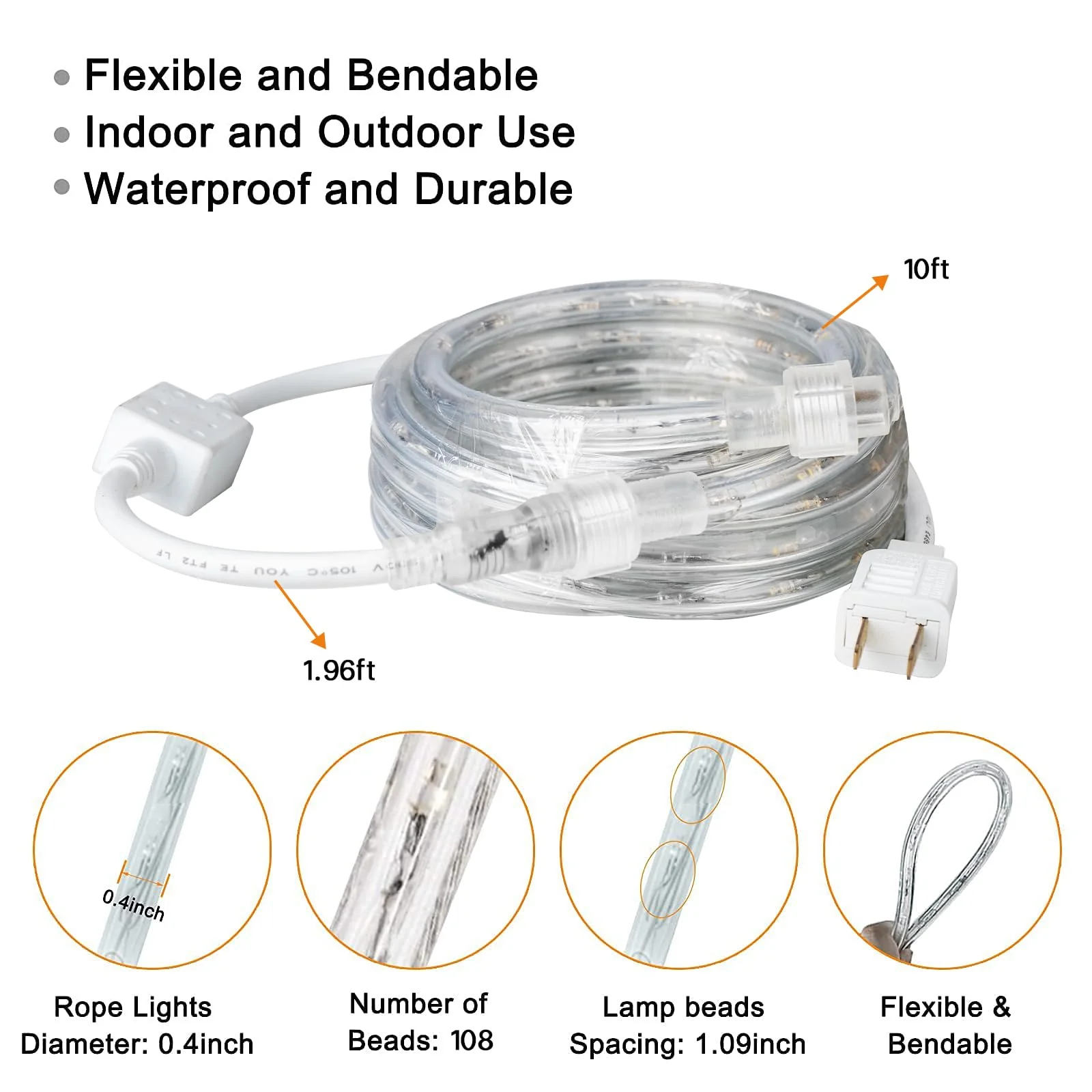 SURNIE Rope Lights Outdoor Waterproof Daylight White: LED 10FT Cuttable Outside Bright 110V Lighting 6000K Flexible Cool Clear Tube, Indoor Deck Patio Xmas Camping Decor, Not Flat Strip - Image 9