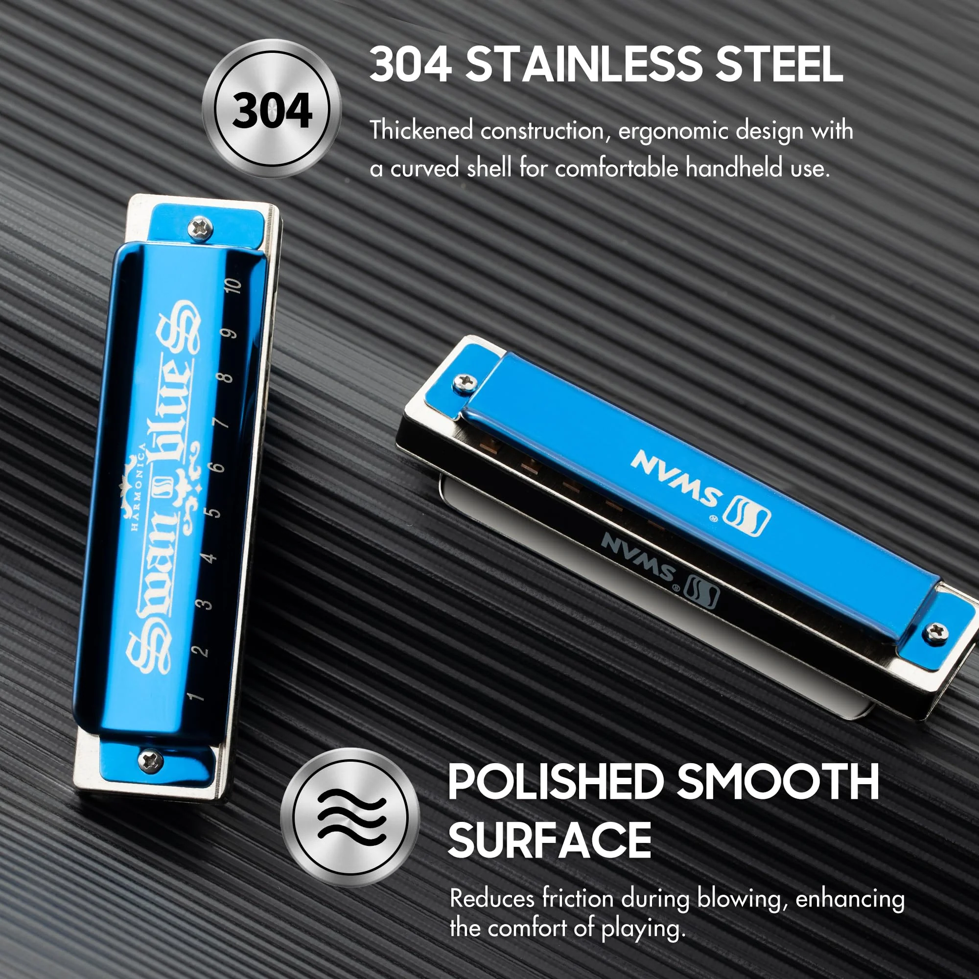 SWAN Blues Harmonica C Key for Kids Adults, 10 Hole Diatonic Harmonica Key of C Brass Reed Blues Harp for Beginners Students, Metal Mouth Organ in Stainless Steel C Major, Black Swan Ocean Blue 10-hole blues (Black Swan Series) C key Blue - Image 3