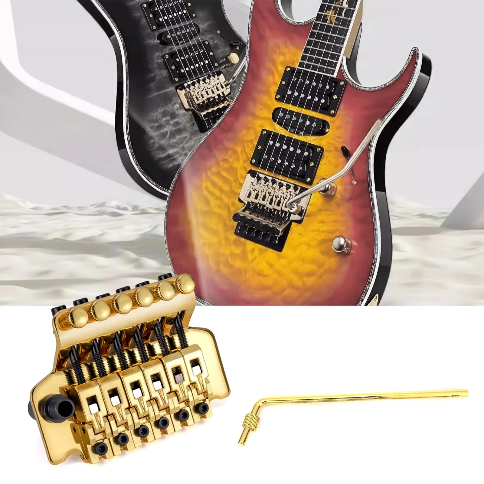 Swhmc Floyd Rose Type Locking Tremolo Bridge, Gold 2-Point Electric Guitar Bridge & Parts Set w/Bar for Strat, Replacement Guitar Hardware - Image 8