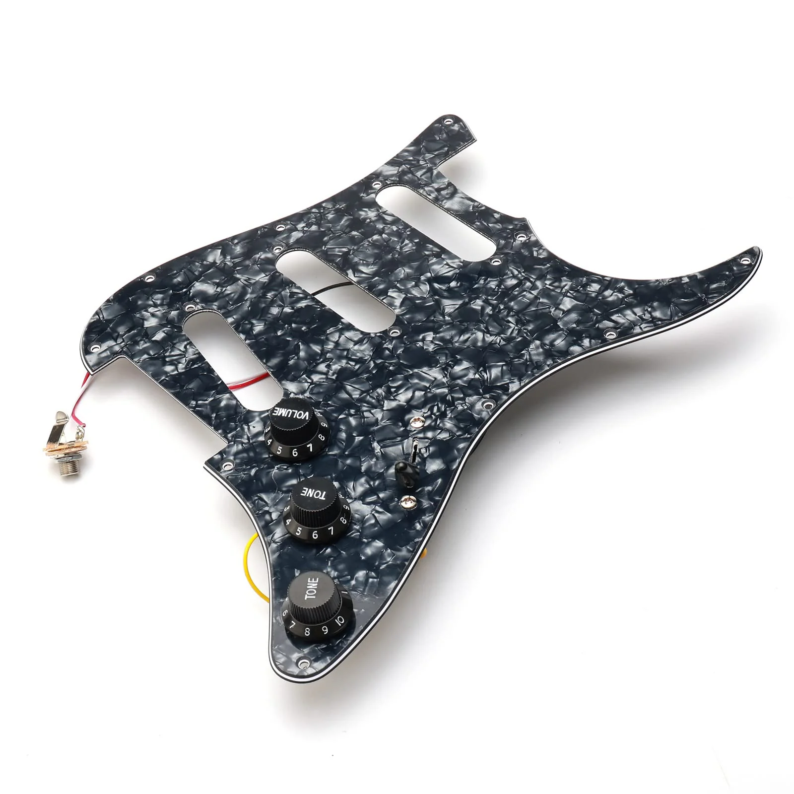 Swhmc SSS 11 Hole Electric Guitar Pickguard ST Backplate Set with Control Knobs, Toggle Switch, Guitar Strings for Fender Stratocaster Strat, Black Pearl Black - Image 5