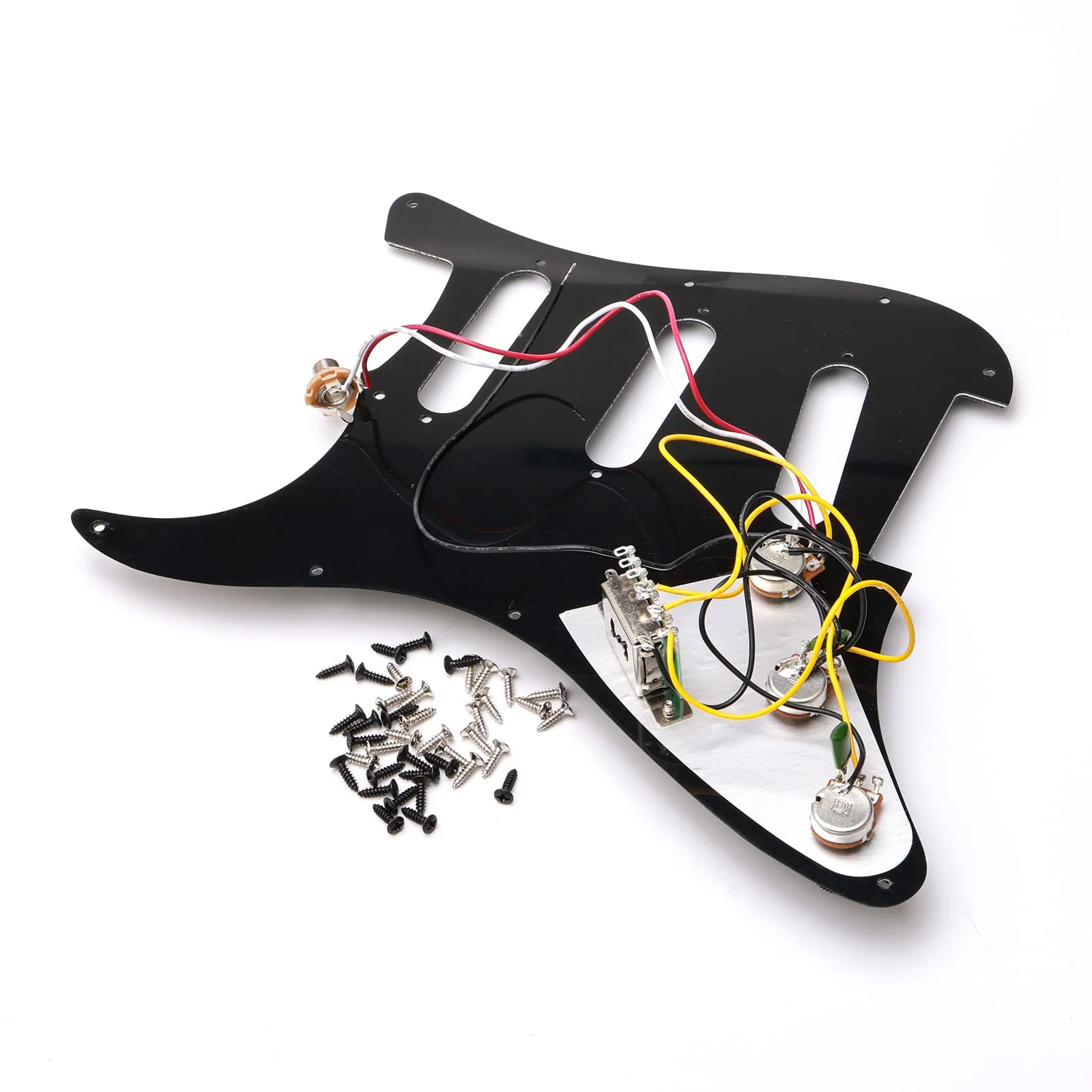 Swhmc SSS 11 Hole Electric Guitar Pickguard ST Backplate Set with Control Knobs, Toggle Switch, Guitar Strings for Fender Stratocaster Strat, Black Pearl Black - Image 6