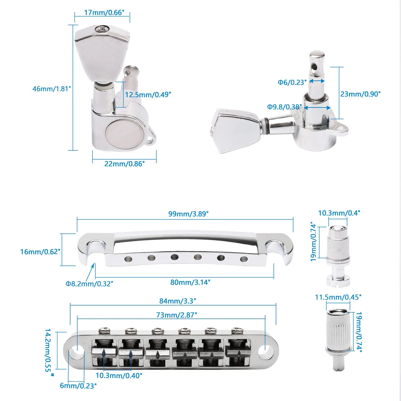 Swhmc Tune-O-Matic Bridge and Tailpiece Studs Set for LP Electric Guitar Replacement Parts, with 3L3R Guitar Locking Tuners Tuning Pegs Keys (Silver) silver - Image 2
