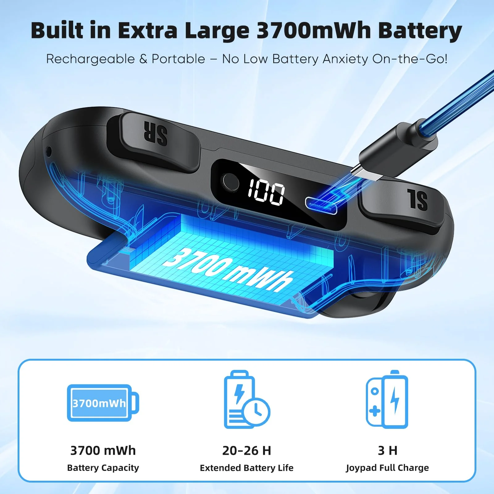 Switch 2 Joypad Charging Grip with Built-in 3700 mWH Battery - 3.5H Fast Charging with LED Display, Enlarged SR/SL Buttons, Charging While Playing (Black & Black) Black & Black - Image 2