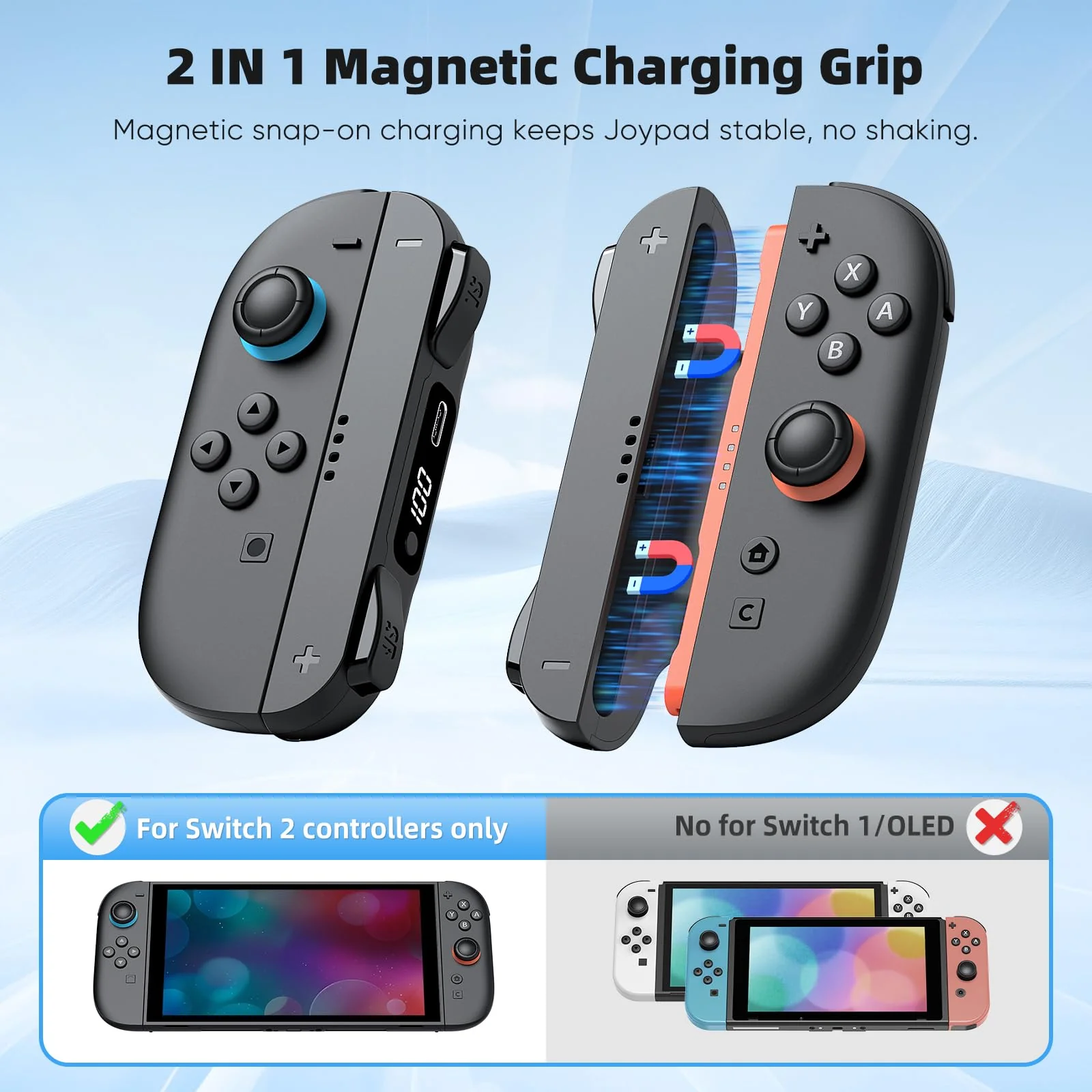 Switch 2 Joypad Charging Grip with Built-in 3700 mWH Battery - 3.5H Fast Charging with LED Display, Enlarged SR/SL Buttons, Charging While Playing (Black & Black) Black & Black - Image 3