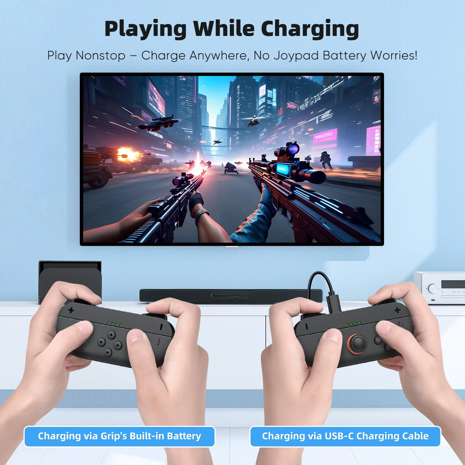 Switch 2 Joypad Charging Grip with Built-in 3700 mWH Battery - 3.5H Fast Charging with LED Display, Enlarged SR/SL Buttons, Charging While Playing (Black & Black) Black & Black - Image 4