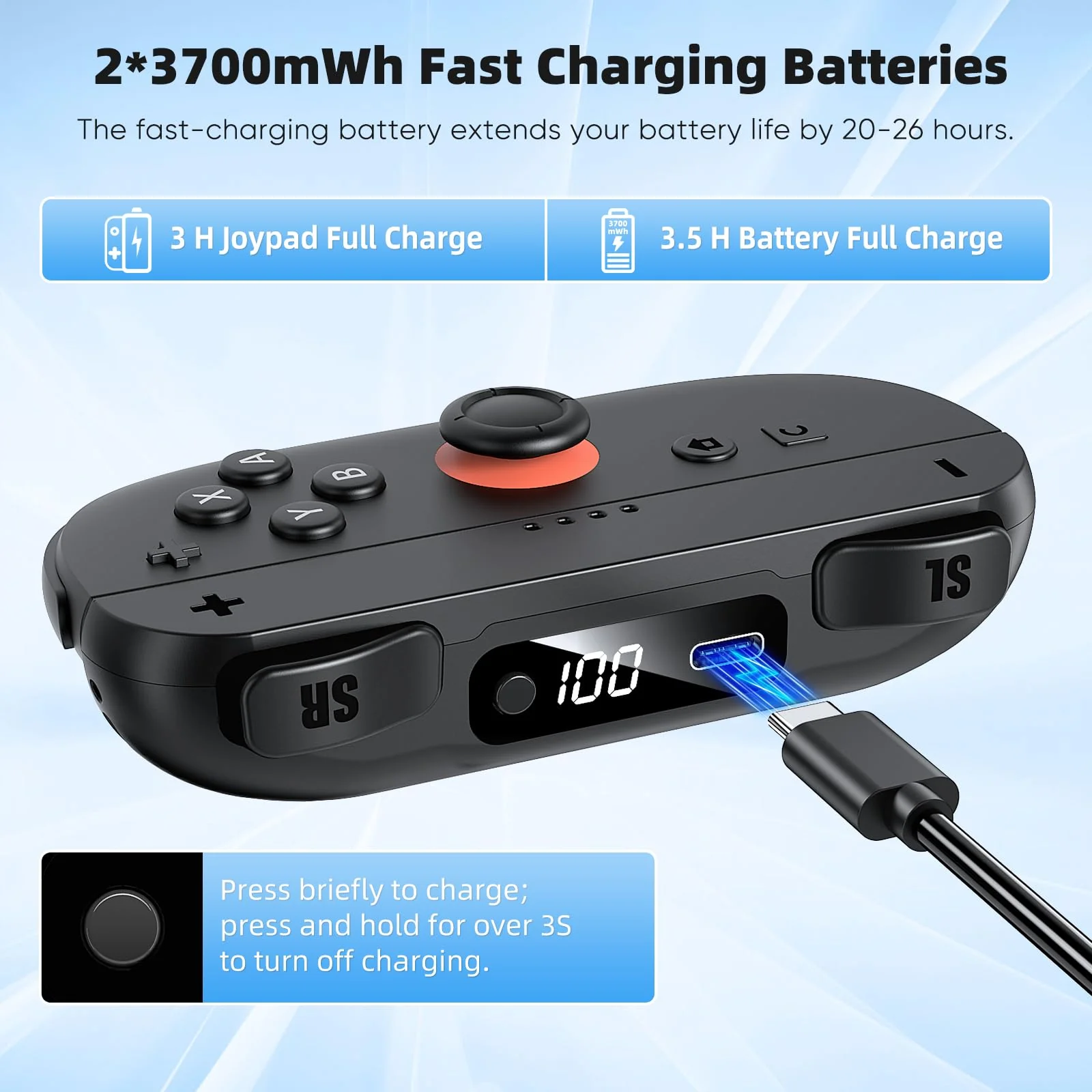 Switch 2 Joypad Charging Grip with Built-in 3700 mWH Battery - 3.5H Fast Charging with LED Display, Enlarged SR/SL Buttons, Charging While Playing (Black & Black) Black & Black - Image 5