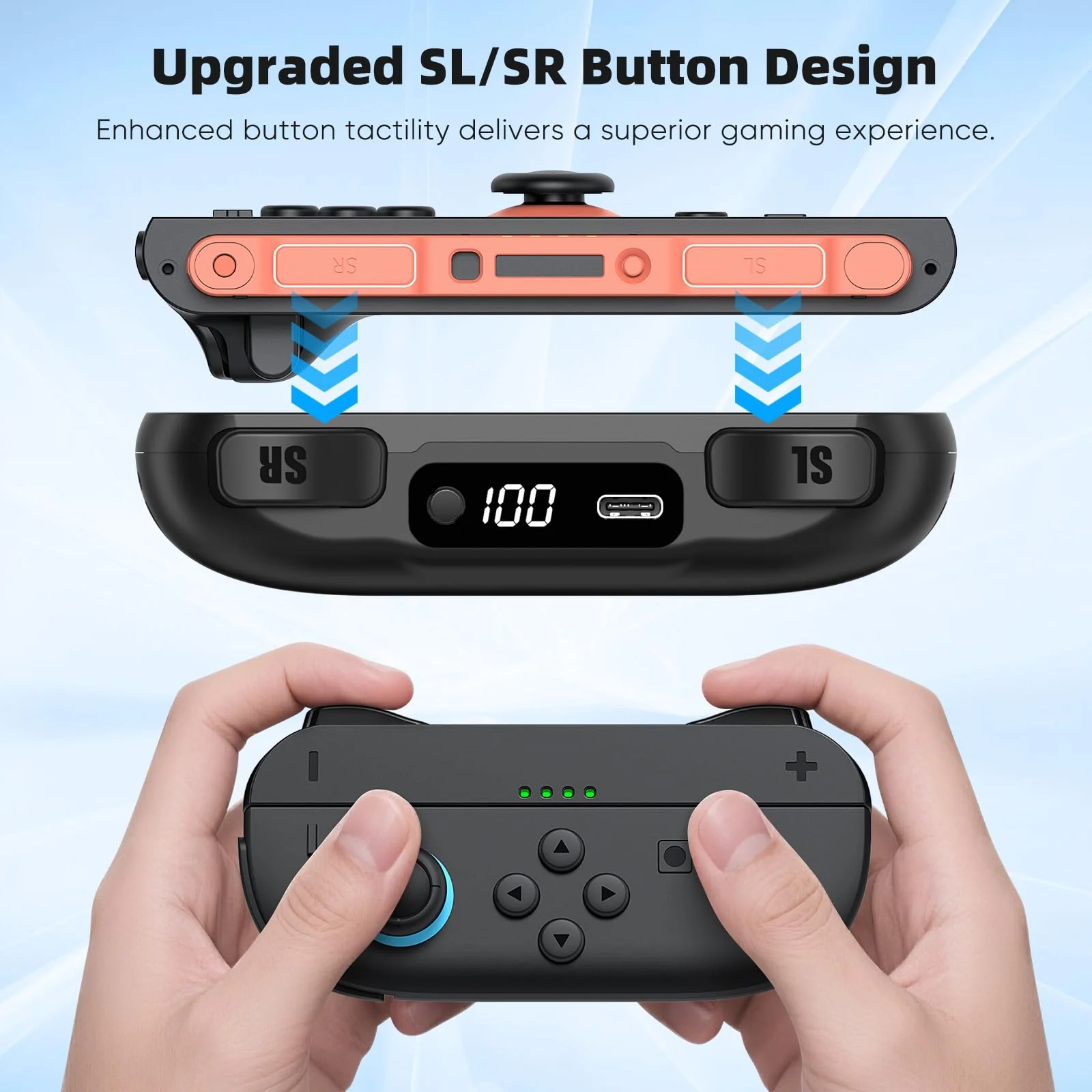 Switch 2 Joypad Charging Grip with Built-in 3700 mWH Battery - 3.5H Fast Charging with LED Display, Enlarged SR/SL Buttons, Charging While Playing (Black & Black) Black & Black - Image 7