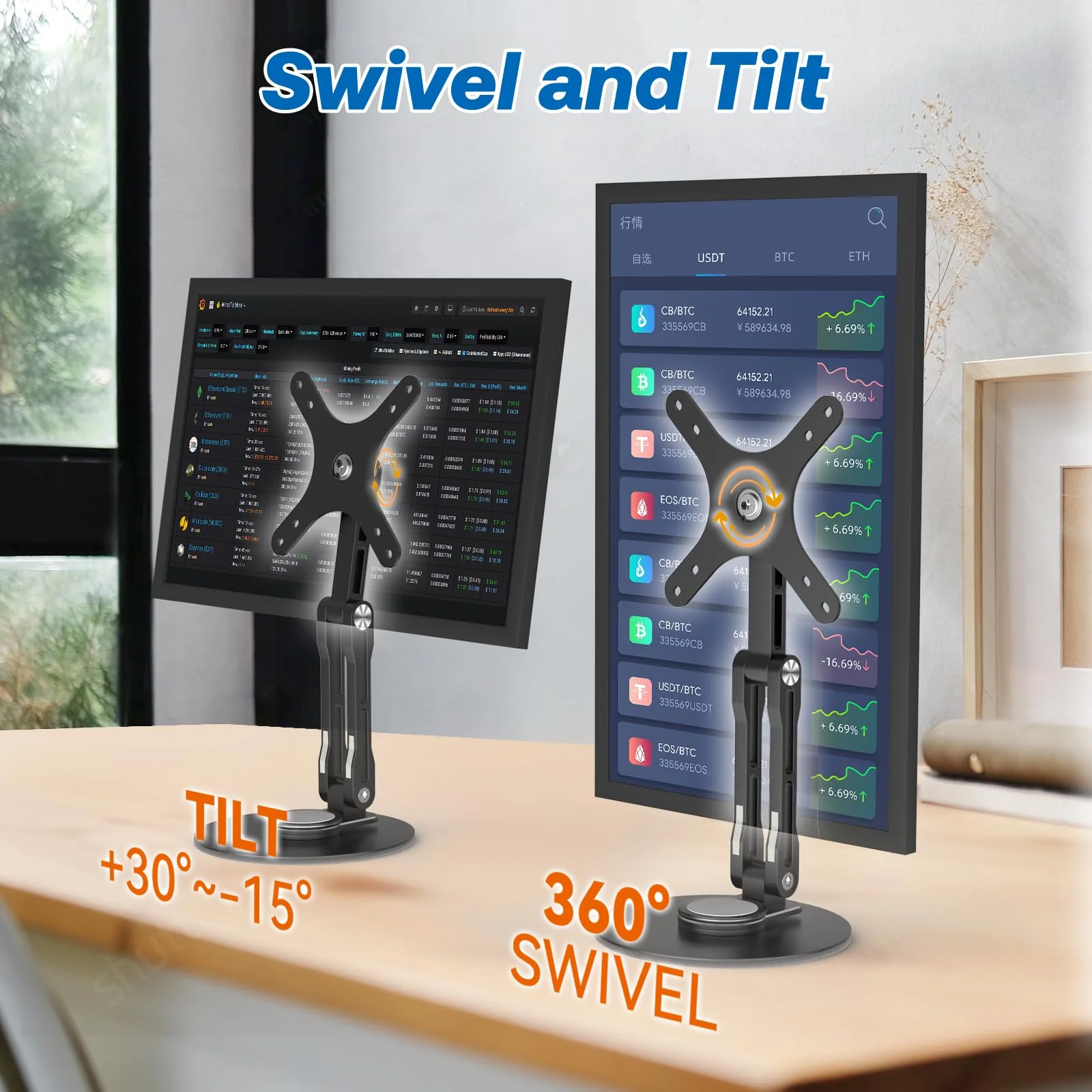 Swivel and Tilt Stand for Echo Show 15, Vesa Monitor Stand, Three-Hinge Adjustable Angle and Height with 360° Rotation Base, Supports Switching Between Landscape and Portrait Screens(Black) - Image 4