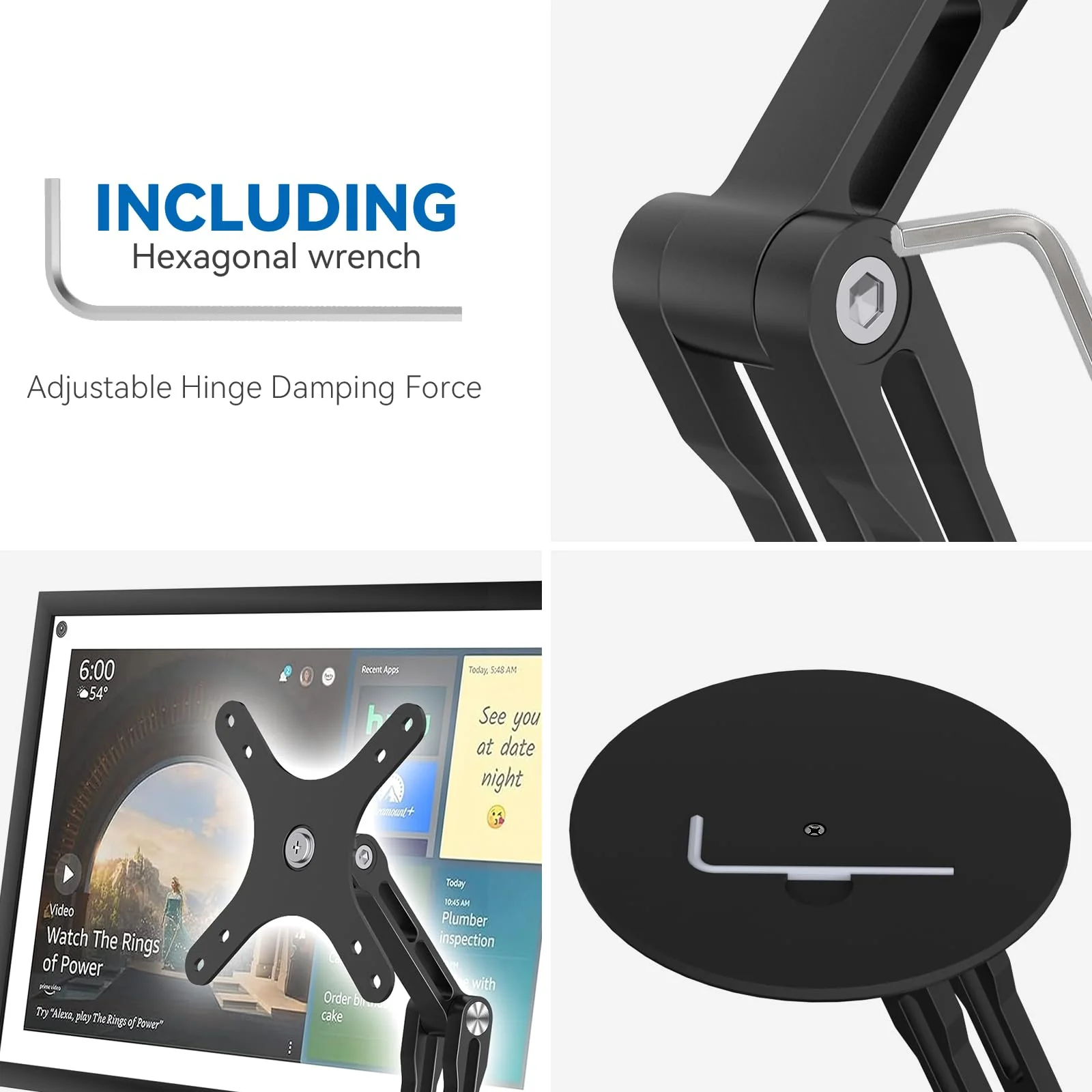Swivel and Tilt Stand for Echo Show 15, Vesa Monitor Stand, Three-Hinge Adjustable Angle and Height with 360° Rotation Base, Supports Switching Between Landscape and Portrait Screens(Black) - Image 6