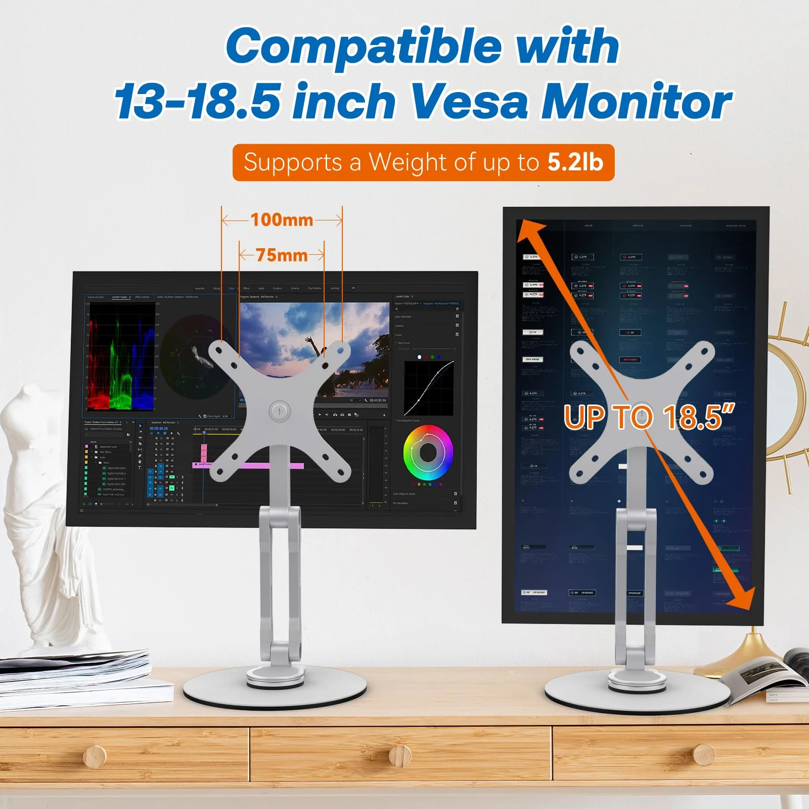 Swivel and Tilt Stand for Echo Show 15, Vesa Monitor Stand, Three-Hinge Adjustable Angle and Height with 360° Rotation Base, Supports Switching Between Landscape and Portrait Screens(White) White - Image 2