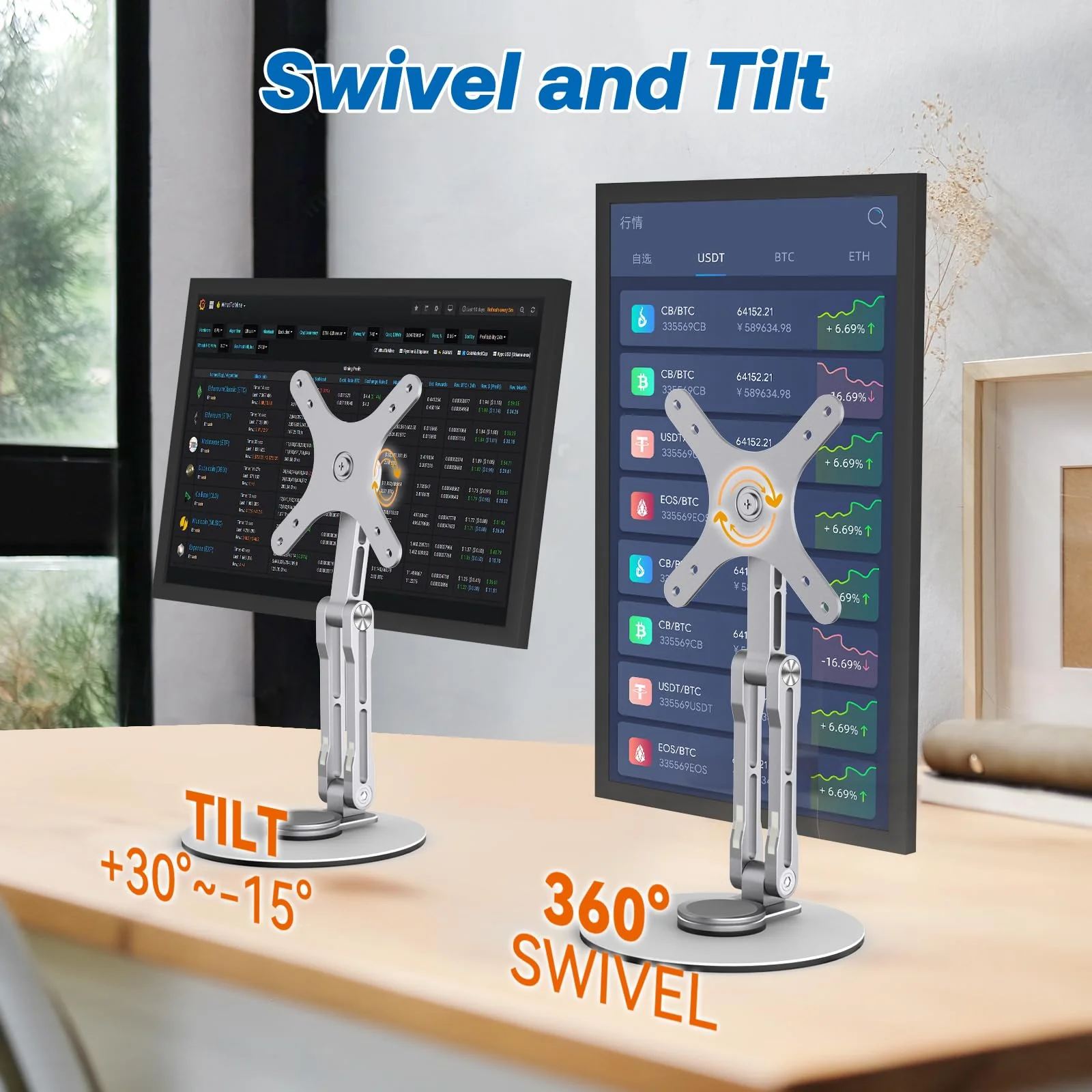 Swivel and Tilt Stand for Echo Show 15, Vesa Monitor Stand, Three-Hinge Adjustable Angle and Height with 360° Rotation Base, Supports Switching Between Landscape and Portrait Screens(White) White - Image 4