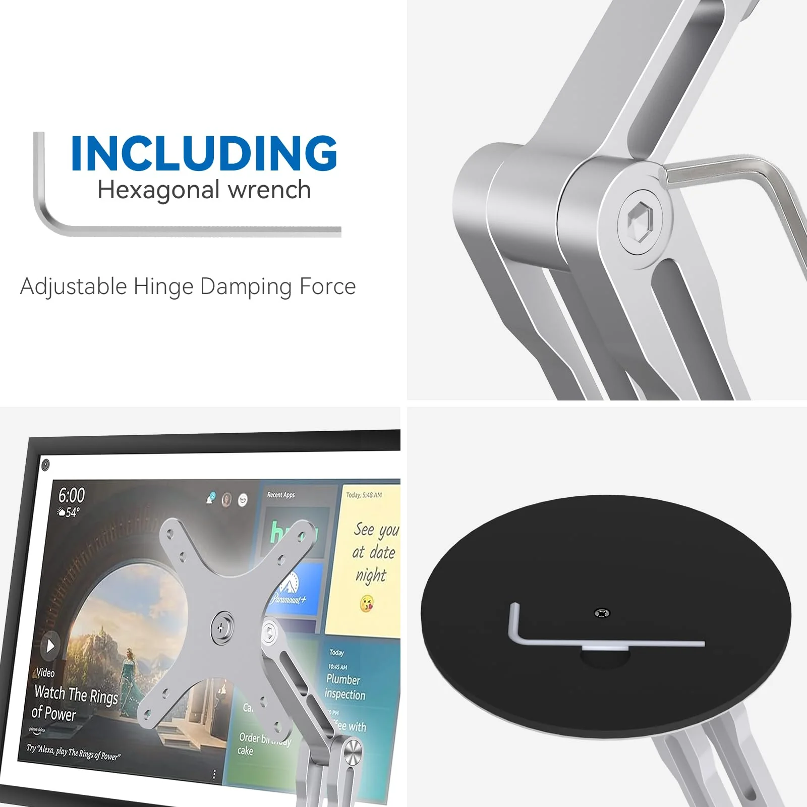 Swivel and Tilt Stand for Echo Show 15, Vesa Monitor Stand, Three-Hinge Adjustable Angle and Height with 360° Rotation Base, Supports Switching Between Landscape and Portrait Screens(White) White - Image 6