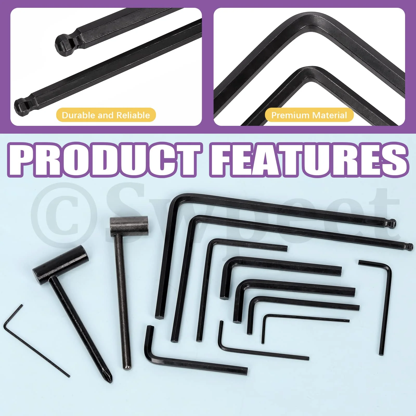 Swpeet 13Pcs Guitar Allen Wrench Set, Including 9Pcs Allen Wrench, 7mm & 8mm Truss Rod Hex Box Wrenches and 4mm & 5mm Ball End Truss Rod Wrenches, Fit for Guitar Bass Neck Bridge Nut Screw Adjustment - Image 3