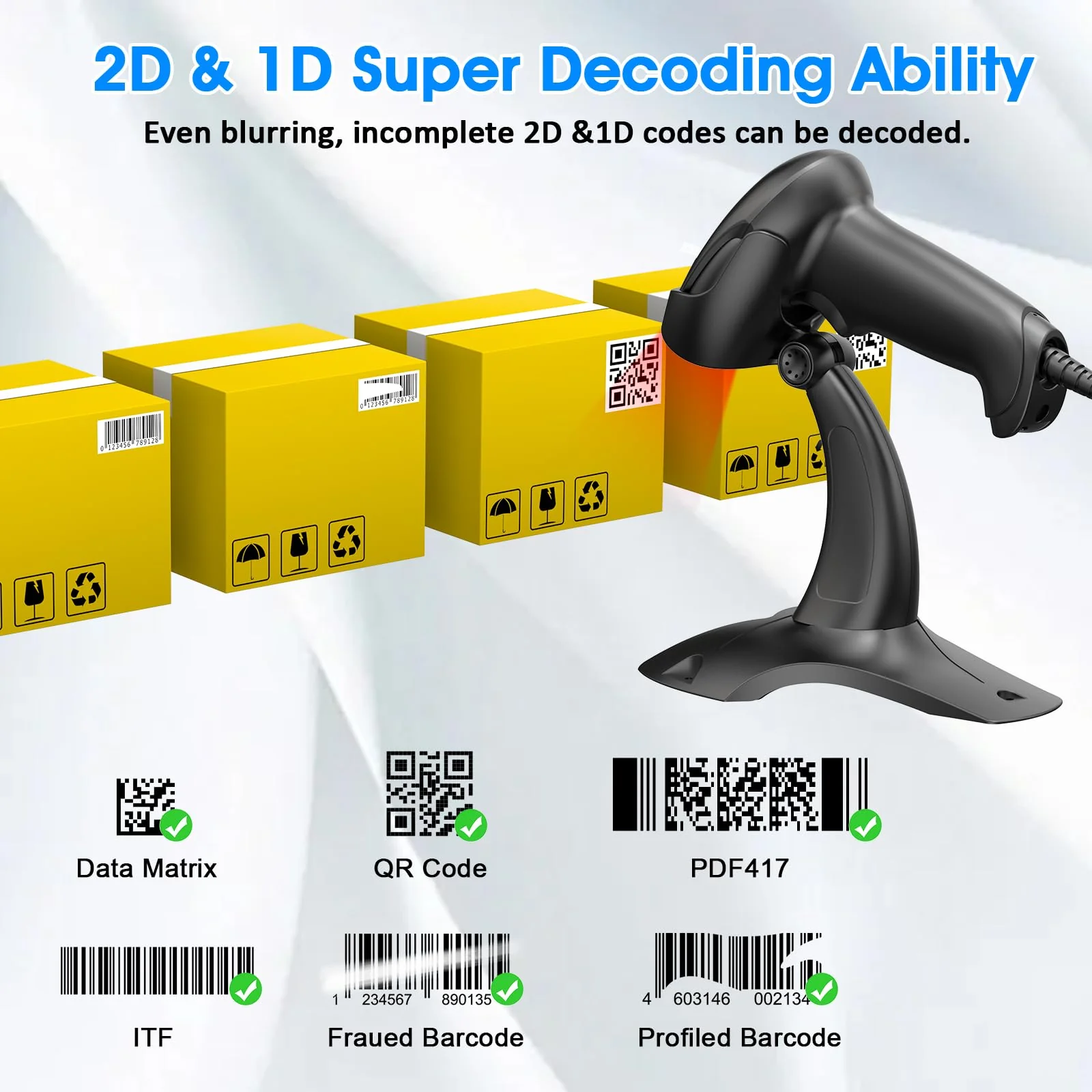 Symcode Barcode Scanner with Stand USB Wired Inventory 2D 1D QR Code Scanner with Automatic Hands-Free Scanning Barcode Reader Scanner for Computer POS MAC - Image 5