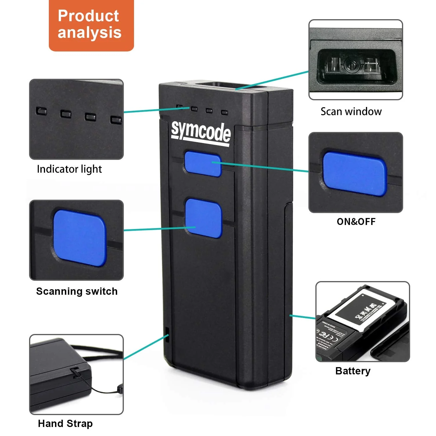 Symcode Bluetooth Wireless Barcode Scanner,Compatible with Bluetooth Function & 2.4GHz Wireless, Portable Barcode Reader Work with Windows, Mac,Android, iOS Phones, Tablets or Computers Laser 1D Bluetooth Scanner - Image 2